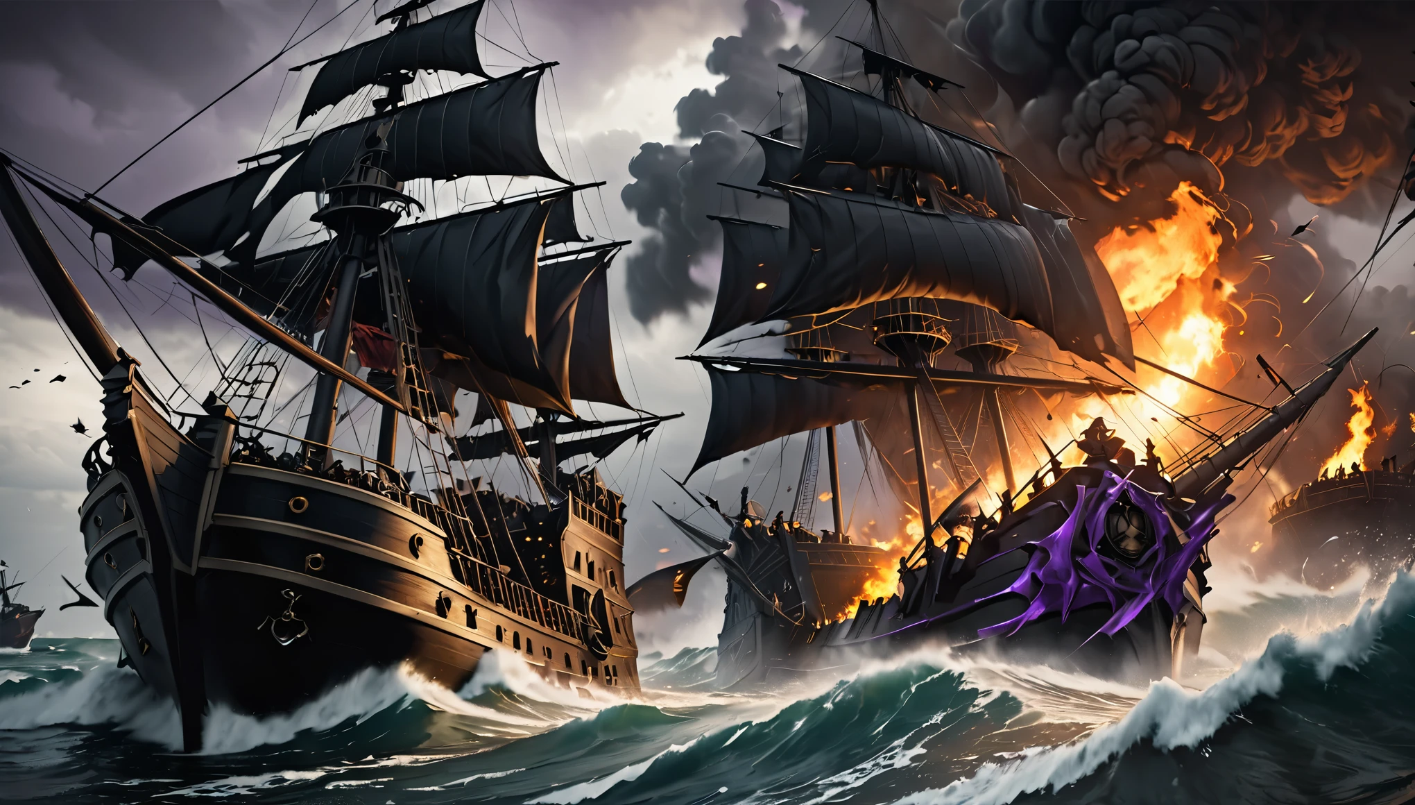 conceptual installation dark fantasy art, two pirate ships collide, destruction, pirate, pirate flag, cannons, shells, fires, raging seas, bad weather, sinister black and purple flashes, war, (ultra detailed, absolutely resolution, best quality:1.3), 2.5D, delicate and dynamic, artistic photography, hyper realistic, graphic CG digital art