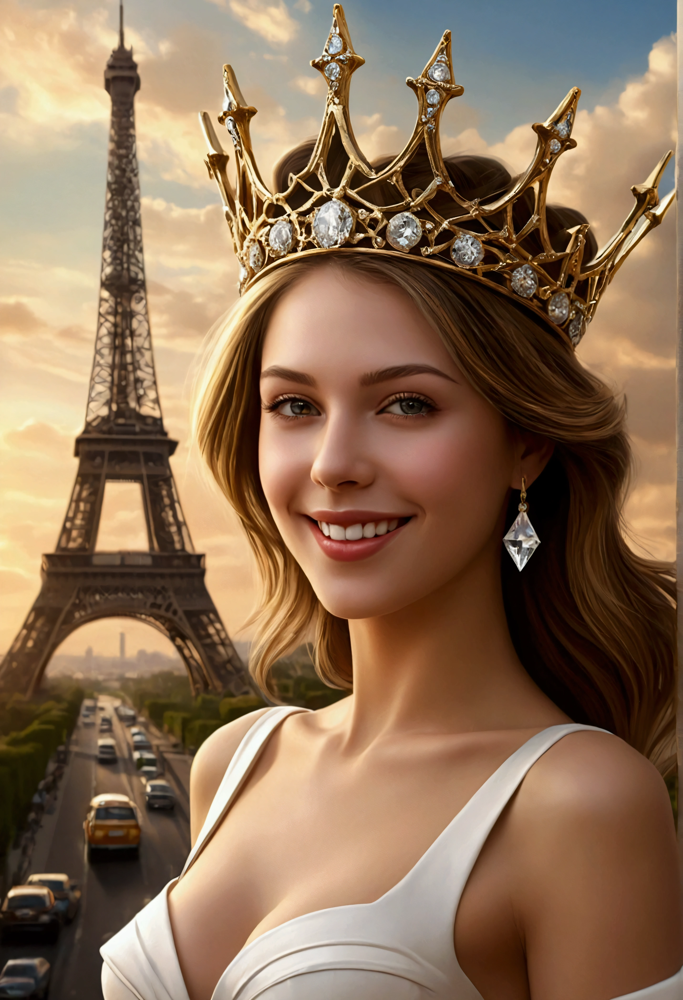 Hyper realistic faces, an extremely beautiful woman with a Eiffel in the background that penetrates the beautiful girl's full body, charming smile, unbeliveable realistic white teeth, diamond gold crown, beautiful surreal fantasy art, beautiful digital art, breathtaking digital art, beautiful surreal young woman, stunning digital art, matte painting of the human mind, masterpiece, close up full body, super sharp, vivids, UHD, 18K