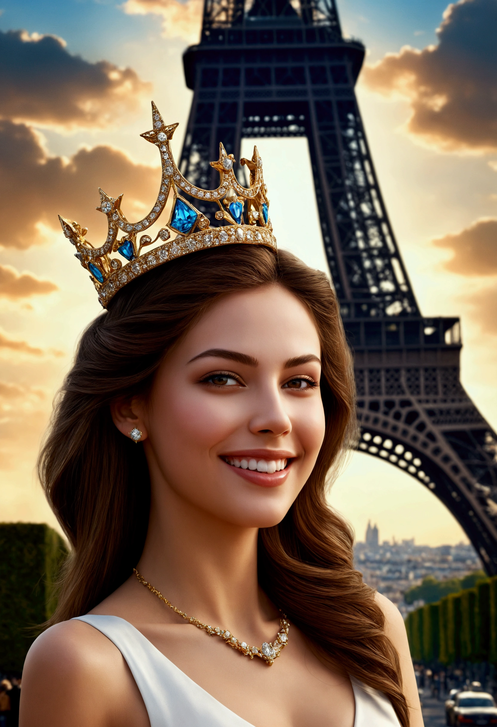 Hyper realistic faces, an extremely beautiful woman with a Eiffel in the background that penetrates the beautiful girl's full body, charming smile, unbeliveable realistic white teeth, diamond gold crown, beautiful surreal fantasy art, beautiful digital art, breathtaking digital art, beautiful surreal young woman, stunning digital art, matte painting of the human mind, masterpiece, close up full body, super sharp, vivids, UHD, 18K