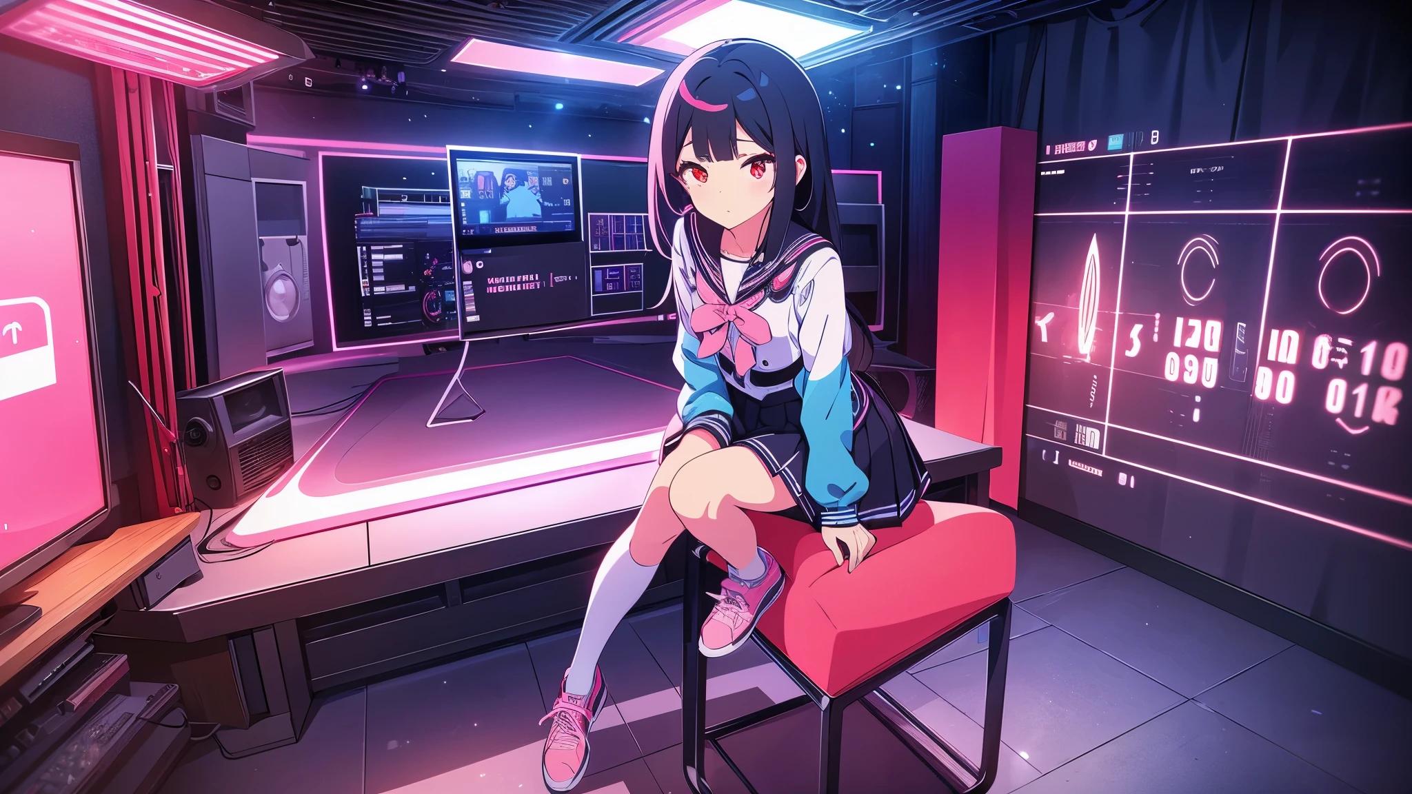 beautiful girl incredible quality perfect anatomy 4k vtuber with red eyes multiple color blue and black hair with pink ribbon Short pleated skirt sailor style blouse long sleeve white long stockings pink tennis shoes with black vtuber youtuber in recording studio room PC gamer in the background and cyberpunk LED lights 