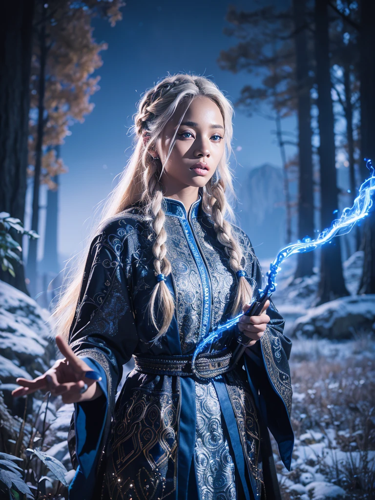 a beautiful black-skinned female mage with braided hair, blond hair, intricate detailed face and eyes, elegant posture, wearing an ornate blue magical robe, beautiful detailed hands holding a glowing magical staff, outdoor fantasy landscape with mountains and forests, dramatic lighting, cinematic composition, digital art, highly detailed, photorealistic