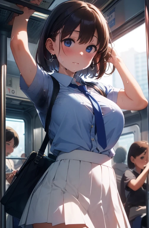NSFW、(((Masterpiece、Detailed、Realistic texture、Tabletop)))、((Brown Hair、short hair、blue eyes))、((Big Breasts))、((Inside a crowded train、hot))、(((White short sleeve shirt)))、(((Sweat)))、(((Sweat染み)))、(((Clothes get wet)))、(((Body odor)))、(((Blue tie、Navy Skirt、Navy blue socks、Brown Loafers)))、(((Touching the vagina)))、(((Detailed膣)))、(((Overflowing love juice)))、Angle from below、(((Flip up your skirt)))