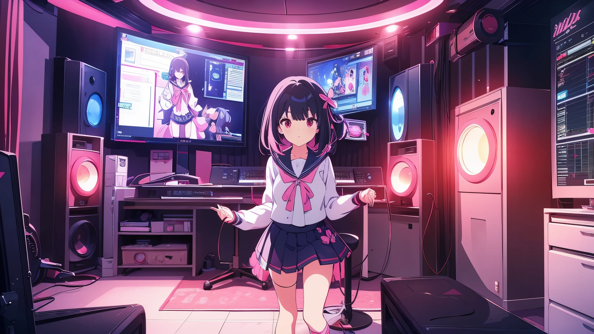 beautiful girl incredible quality perfect anatomy 4k vtuber with red eyes multiple color blue and black hair with pink ribbon Short pleated skirt sailor style blouse long sleeve white long stockings pink tennis shoes with black vtuber youtuber in recording studio room PC gamer in the background and cyberpunk LED lights 