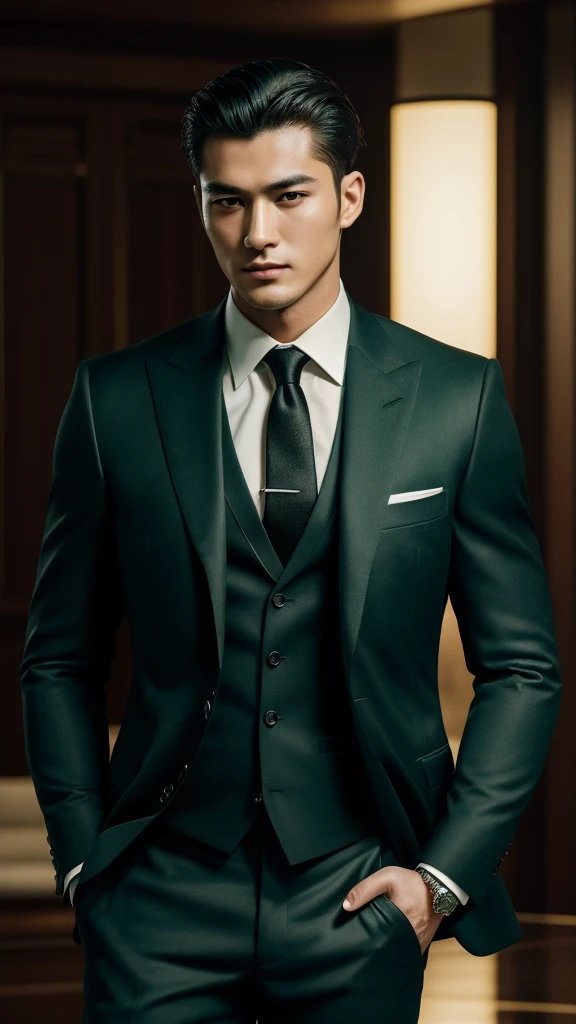 ((masterpiece)), ((best quality:1.2)), high resolution, 8k, (ultra_realistic:1.3), (photorealistic:1.4), (absurdres), sharp focus, highly detailed, (high quality), (masterpiece), handsome man, Korean, 25 years old,
 normosthenic, black suit, green eyes, muscular, full body, dark light, front light, rim light. Mafia boss aesthetic. Rich billionaire boyfriend.