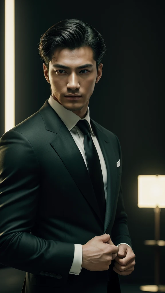 ((masterpiece)), ((best quality:1.2)), high resolution, 8k, (ultra_realistic:1.3), (photorealistic:1.4), (absurdres), sharp focus, highly detailed, (high quality), (masterpiece), handsome man, Korean, 25 years old,
 normosthenic, black suit, green eyes, muscular, full body, dark light, front light, rim light. Mafia boss aesthetic. Rich billionaire boyfriend.