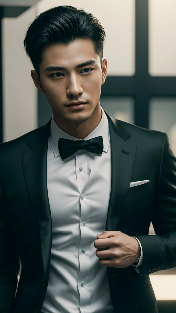 ((masterpiece)), ((best quality:1.2)), high resolution, 8k, (ultra_realistic:1.3), (photorealistic:1.4), (absurdres), sharp focus, highly detailed, (high quality), (masterpiece), handsome man, Korean, 25 years old,
normosthenic, black suit, green eyes, muscular, full body, dark light, front light, rim light. Mafia boss aesthetic. Rich billionaire boyfriend.