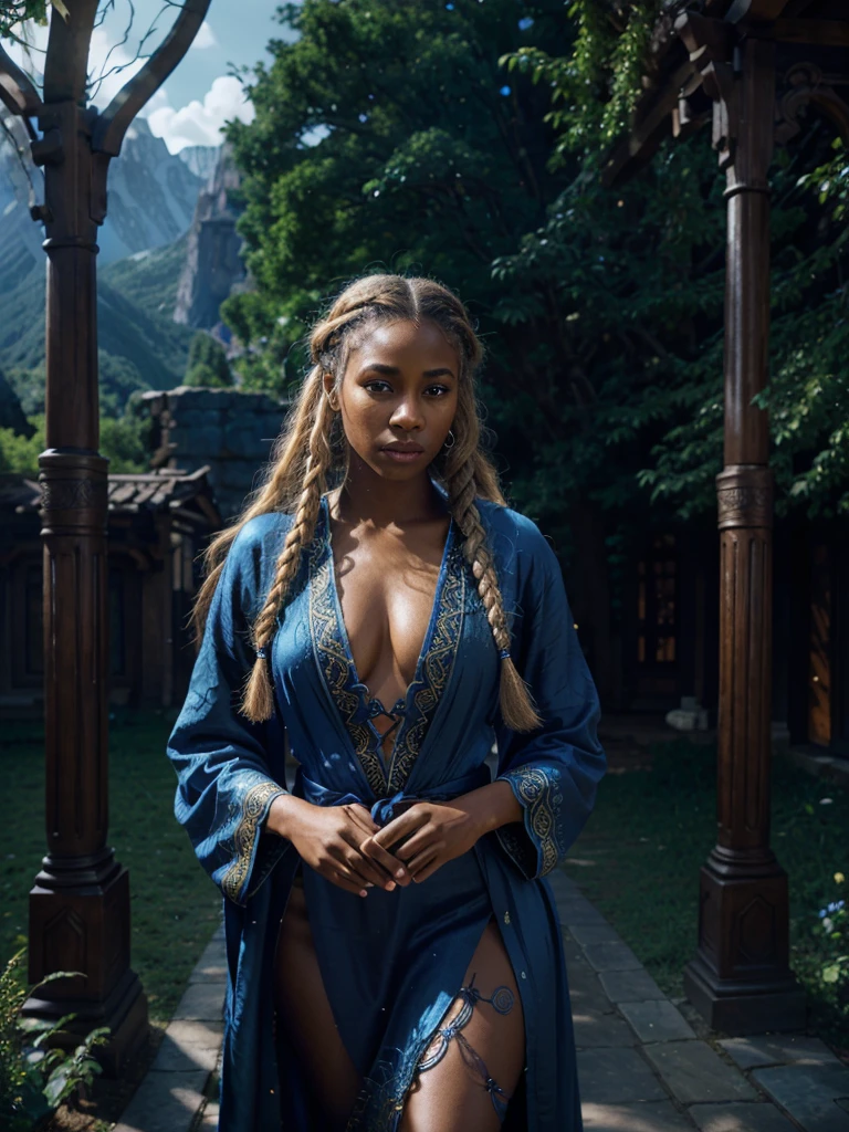 a beautiful black-skinned female mage with braided hair, blond hair, intricate detailed face and eyes, elegant posture, wearing an ornate blue magical robe, beautiful detailed hands holding a glowing magical staff, outdoor fantasy landscape with mountains and forests, dramatic lighting, cinematic composition, digital art, highly detailed, photorealistic