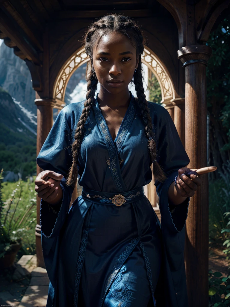 a beautiful black-skinned female mage with braided hair, blond hair, intricate detailed face and eyes, elegant posture, wearing an ornate blue magical robe, beautiful detailed hands holding a glowing magical staff, outdoor fantasy landscape with mountains and forests, dramatic lighting, cinematic composition, digital art, highly detailed, photorealistic