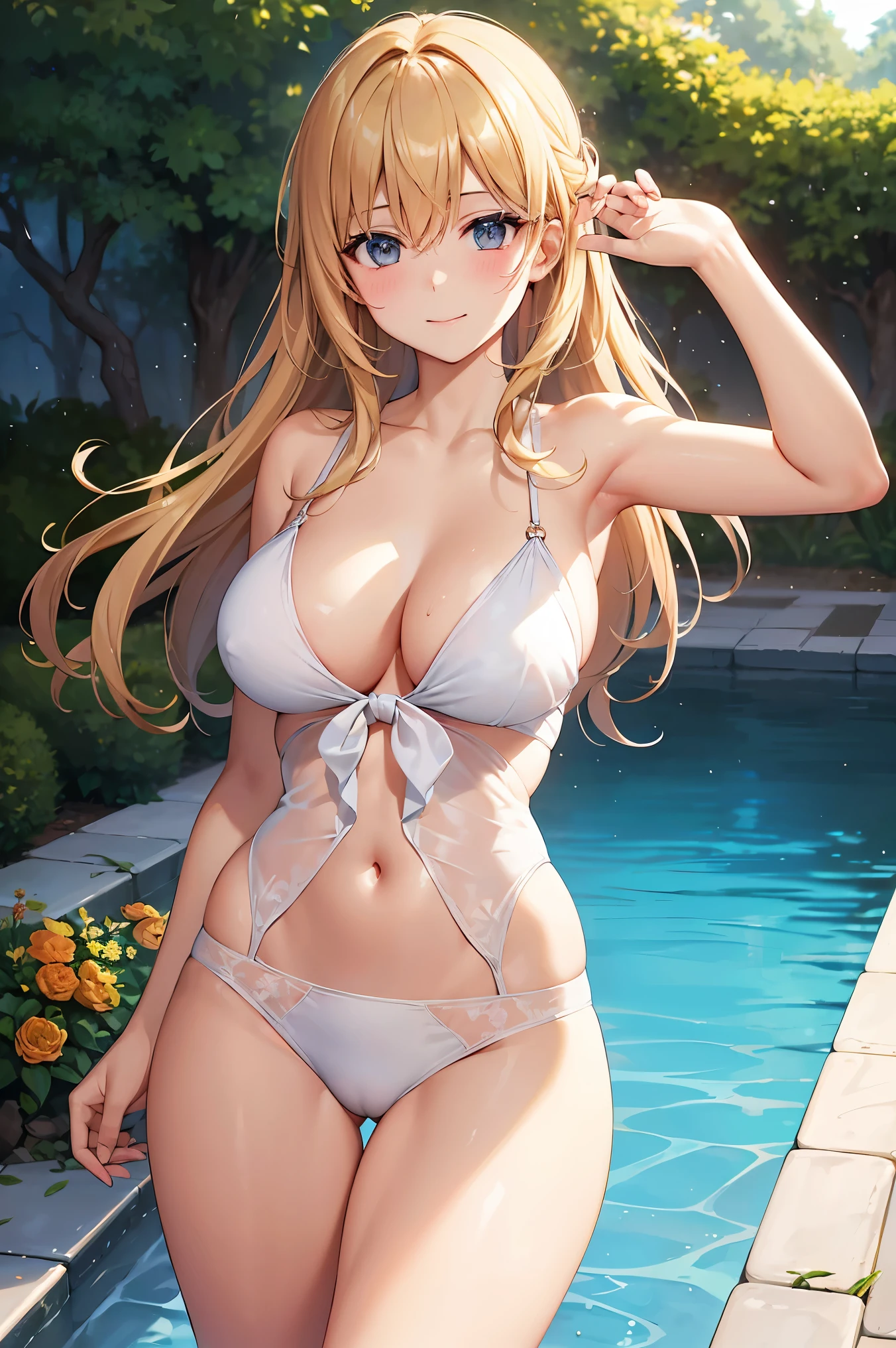 masterpiece, Highest quality, Very detailed, figure, Detailed light, content, Blushing, Highlighted Hair, chest, Beautiful and exquisite body, Sparkling Eyes, A girl greets me as she arrives, Maillot de Bain Yunu Peace Orange A Decollete Long Jean, Sa Hanche, Full view of the buttocks, Montrant les Fès, Bare thighs, Sunburned skin, Dans Le Jardin Fleury, smile, Darjeeling, White skin