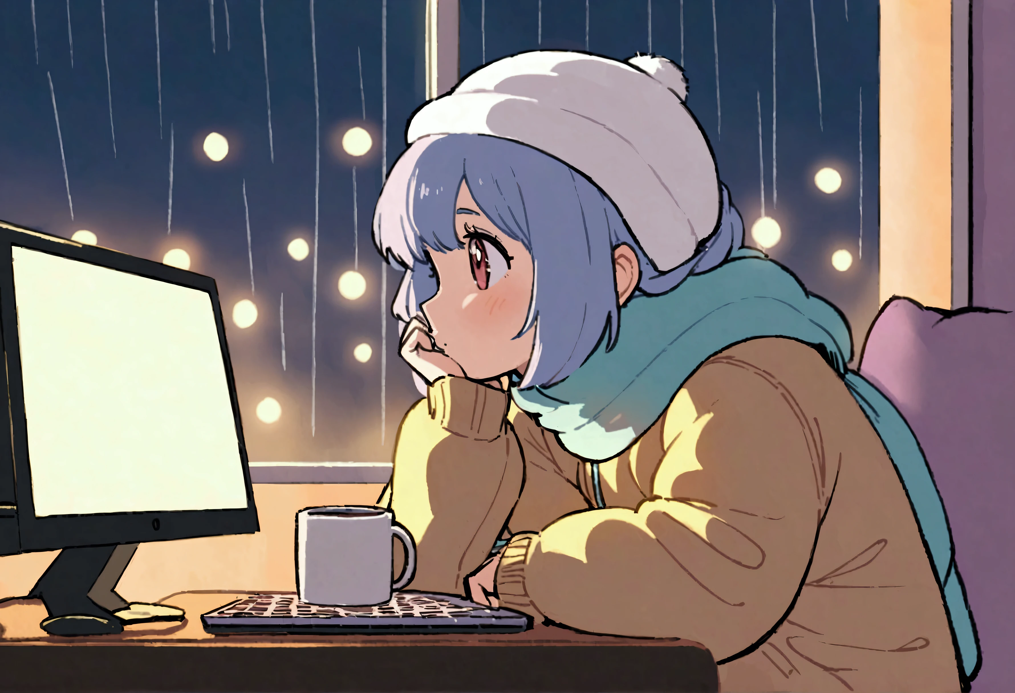 a girl in lofi style at a table with a computer facing a window studying, it&#39;s raining, It&#39;s 5 o&#39;clock in the morning, a mug of coffee next to the computer, she is wearing warm clothes in cold weather, socks and cold cap, a cute cat next to her while she studies, relaxing environment , yellow lights, calm and great environment for studying, calm and peaceful rain, lofi girl style, night ligthning, tons of cores with twilight, do Studio Ghibli