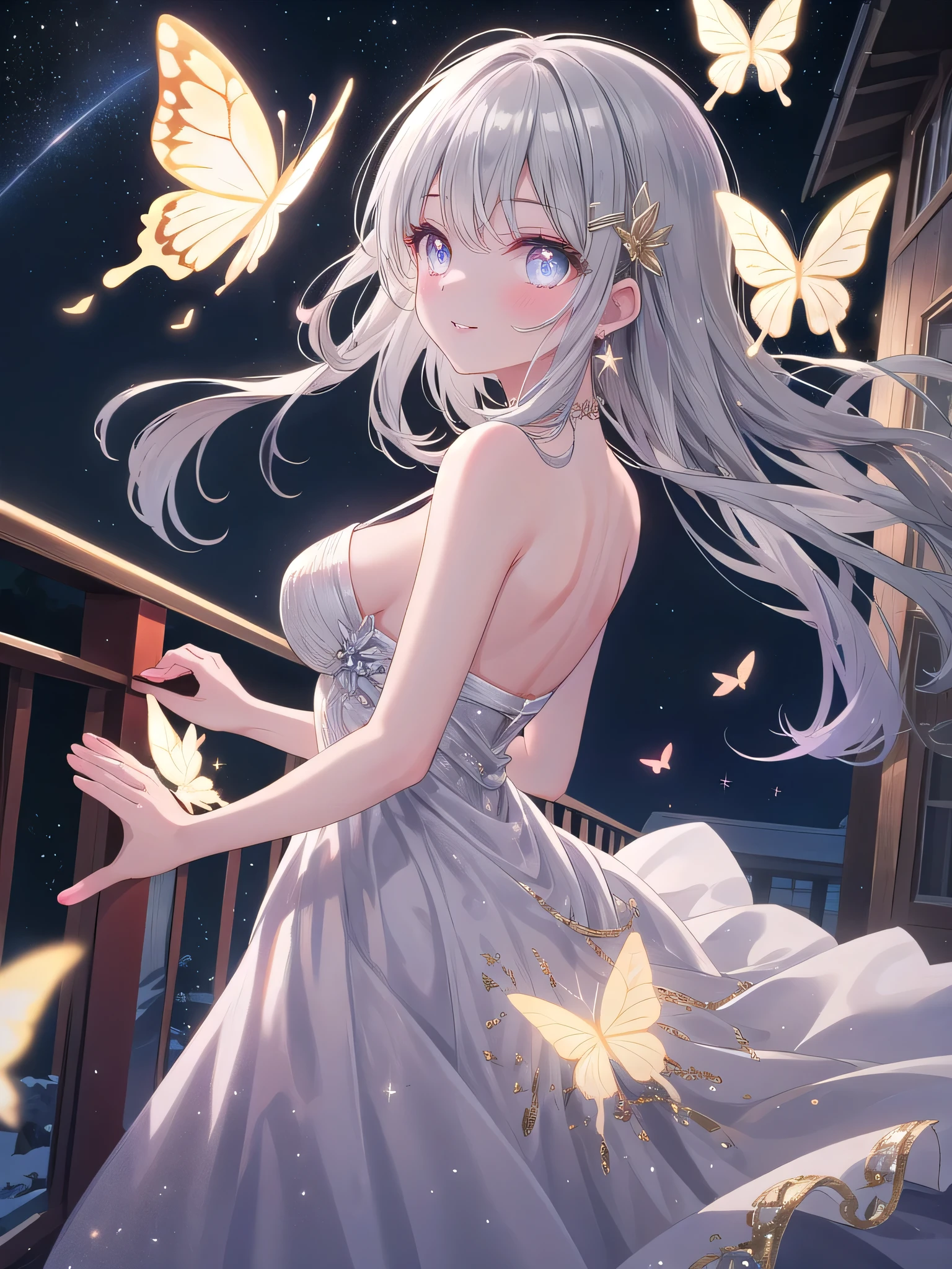 (8K, Highest Quality, Best:1.3)), Ultra High Resolution, (1 Girl, 1 Person), (Color Changing Eyes, Super Detailed, Expressive Shine, Sparkling, Glowing Eyes), High Definition Eyes, High Definition Face, Random Hair, (Silver Gray Color), A scene where a silver-haired woman is seducing. Her hair is long and straight, down to her back, and shines in the light. There are several butterfly-shaped hairpins in her hair, which sparkle in the light. She is wearing a purple velvet dress, and its fitted design beautifully accentuates the curves of her body. The dress has a deep cut at the neckline, revealing her décolletage. Her eyes are a captivating gold, and her droopy eyes give her expression a sense of grace and ecstasy. Her lips are stained red and slightly parted in a sweet smile. The background is a luxurious balcony, and the night sky is lit up with stars. She is leaning on the balcony railing, looking up at the night sky. The camera angle is set slightly above and behind her, highlighting her beautiful features and her seductive dress. Soft, star-like particles of light dance throughout, creating a dreamy atmosphere.