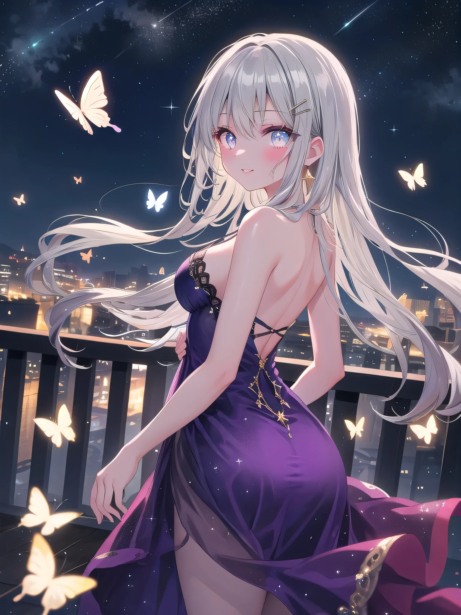 (8K, Highest Quality, Best:1.3)), Ultra High Resolution, (1 Girl, 1 Person), (Color Changing Eyes, Super Detailed, Expressive Shine, Sparkling, Glowing Eyes), High Definition Eyes, High Definition Face, Random Hair, (Silver Gray Color), A scene where a silver-haired woman is seducing. Her hair is long and straight, down to her back, and shines in the light. There are several butterfly-shaped hairpins in her hair, which sparkle in the light. She is wearing a purple velvet dress, and its fitted design beautifully accentuates the curves of her body. The dress has a deep cut at the neckline, revealing her décolletage. Her eyes are a captivating gold, and her droopy eyes give her expression a sense of grace and ecstasy. Her lips are stained red and slightly parted in a sweet smile. The background is a luxurious balcony, and the night sky is lit up with stars. She is leaning on the balcony railing, looking up at the night sky. The camera angle is set slightly above and behind her, highlighting her beautiful features and her seductive dress. Soft, star-like particles of light dance throughout, creating a dreamy atmosphere.