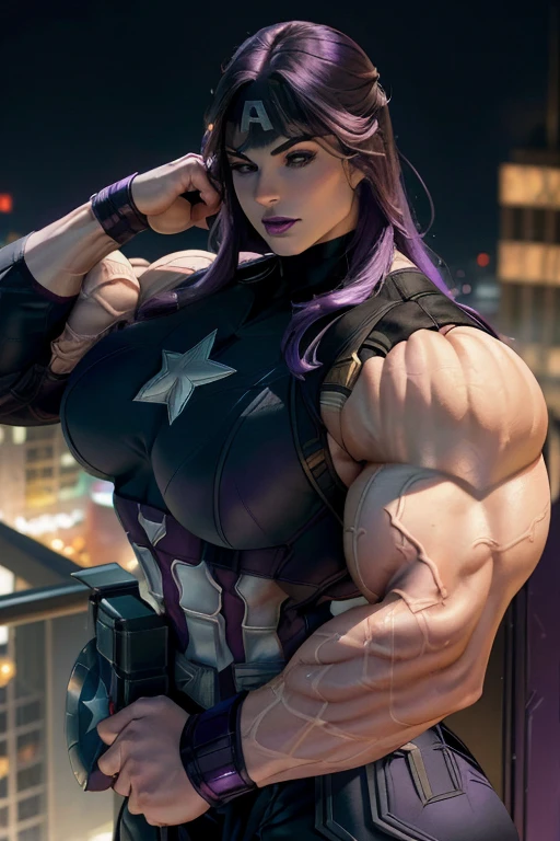 (((Close-up))), tall, (violet purple hair) beautiful muscular woman, long hair with long bangs, pale white skinned, (closed smile), large breast, (black lipstick), (massive muscles), ((hyper muscle)), ((ginormous bulky muscles)), black eyes, (((violet captain America suit))), (Captain America pants), choker, boots, on the rooftop at night,