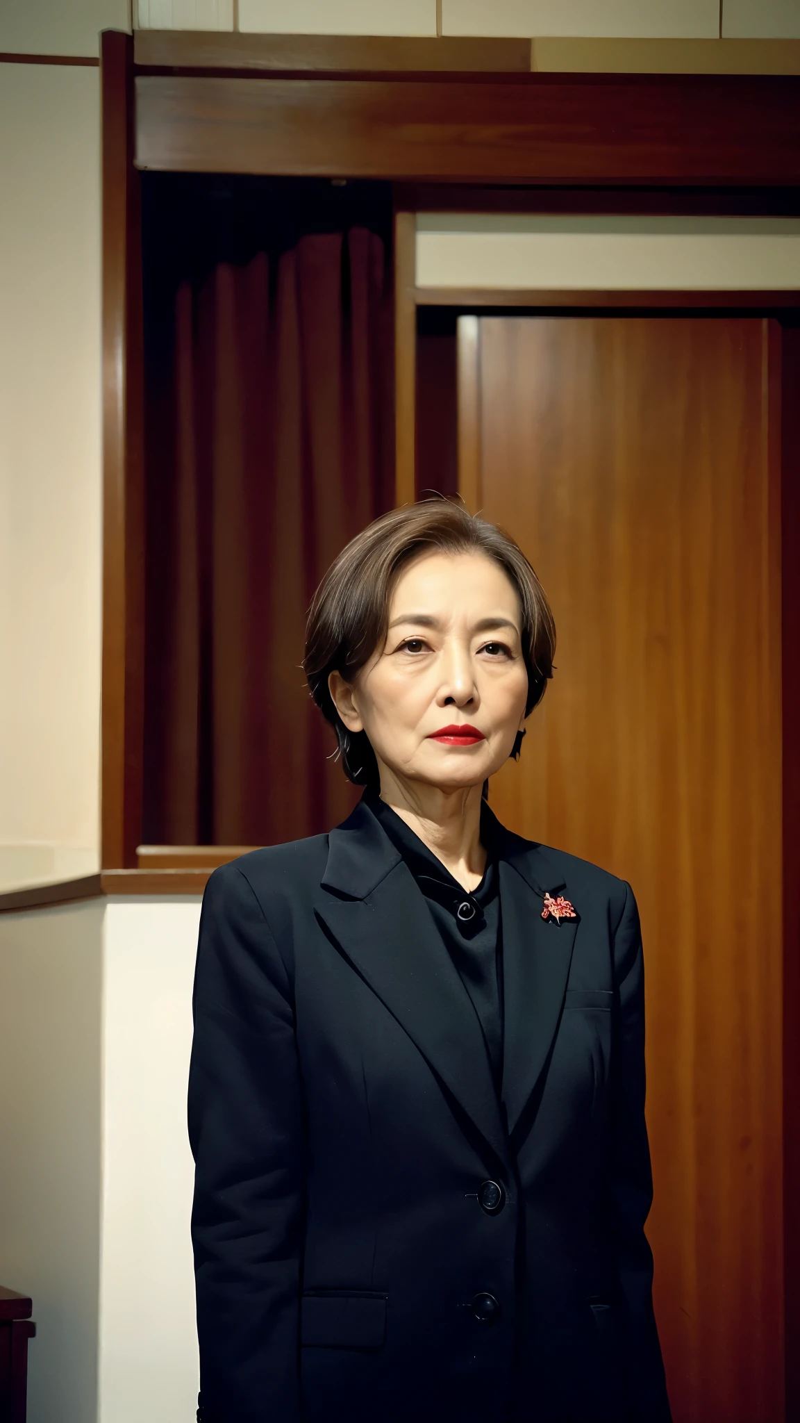 masterpiece, ((Great Focus)), 32K, Beautiful finish, Medium Shot, Beautiful mature woman, 65-year-old woman, Photo of your ID, Business Person, director, View from the front, A disdainful look, Cool look, Red lips, Thin lips, suit, Light from the front,