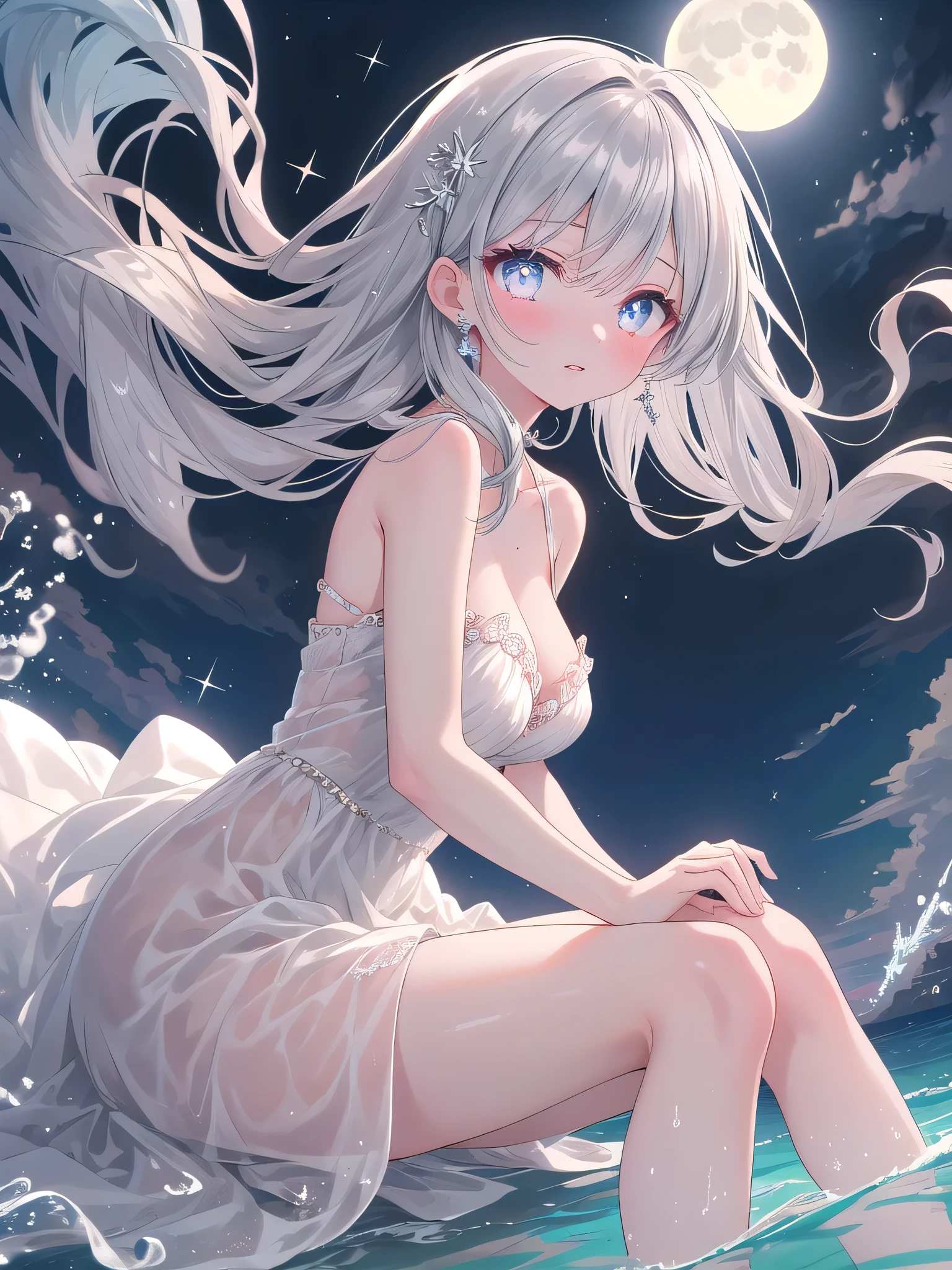 (8K, Highest Quality, Best:1.3)), Ultra High Resolution, (1 Girl, 1 Person), (Color Changing Eyes, Super Detailed, Expressive Sparkle, Sparkling, Glowing Eyes), High Definition Eyes, High Definition Face, Random Hair, (Silver-Gray Color), A scene of a silver-haired woman seducing you. Her hair is shoulder-length, wavy and sparkling in the light. She is wearing a red lace dress, the fitted design of which beautifully accentuates the curves of her body. The dress has a deep V-cut neckline, revealing her attractive décolleté. Her eyes are a captivating blue, and her droopy eyes give her expression a sense of grace and ecstasy. Her cheeks are slightly flushed and her lips are tinted pink. The background is a beach at night, and the sound of waves can be heard. The full moon shines in the sky, and the moonlight casts a soft glow on her hair and dress. Candles are lined up on the sand, creating a romantic atmosphere. She is sitting on the beach, hugging her knees and leaning slightly to one side. The camera angle is set slightly above her in front of her, emphasizing her beautiful features and her attractive dress. Soft, moonlight-like light particles dance all over the shot, creating a dreamy atmosphere.