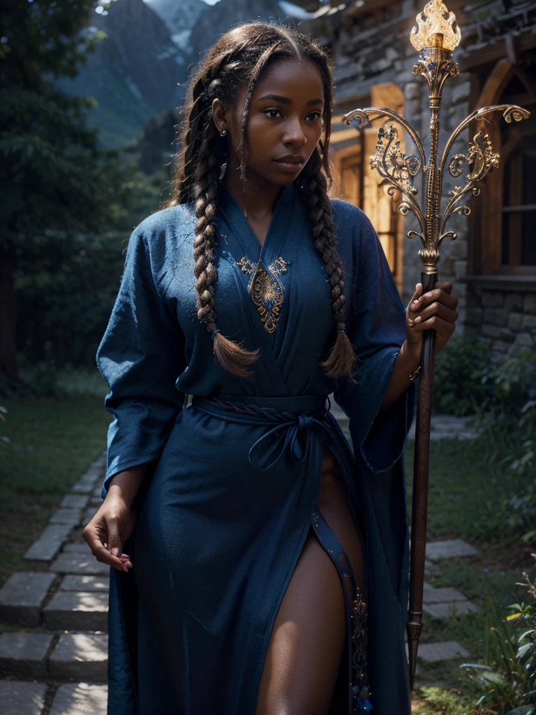 a beautiful black-skinned female mage with braided hair, blond hair, intricate detailed face and eyes, elegant posture, wearing an ornate blue magical robe, beautiful detailed hands holding a glowing magical staff, outdoor fantasy landscape with mountains and forests, dramatic lighting, cinematic composition, digital art, highly detailed, photorealistic