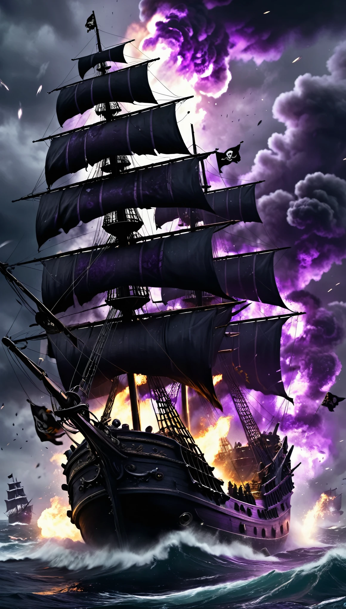 conceptual installation dark fantasy art, two pirate ships collide, destruction, pirate, pirate flag, cannons, shells, fires, raging seas, bad weather, sinister black and purple flashes, war, (ultra detailed, absolutely resolution, best quality:1.3), 2.5D, delicate and dynamic, artistic photography, hyper realistic, graphic CG digital art