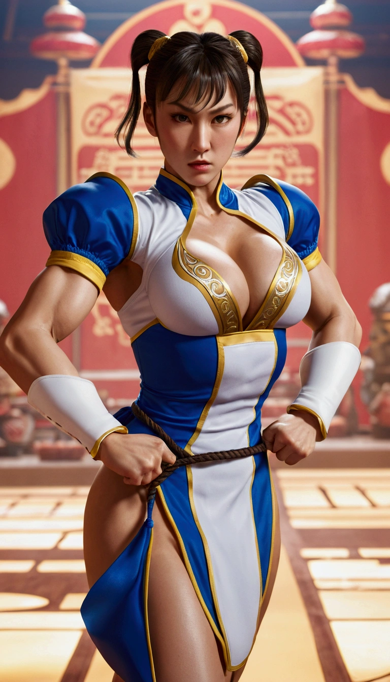 best quality, 4k, Chun-Li classic outfit:1.5, Masterpiece, ( beautiful wearing Chun-Li classic outfit, perfect body, big thighs), Stance before the fight,