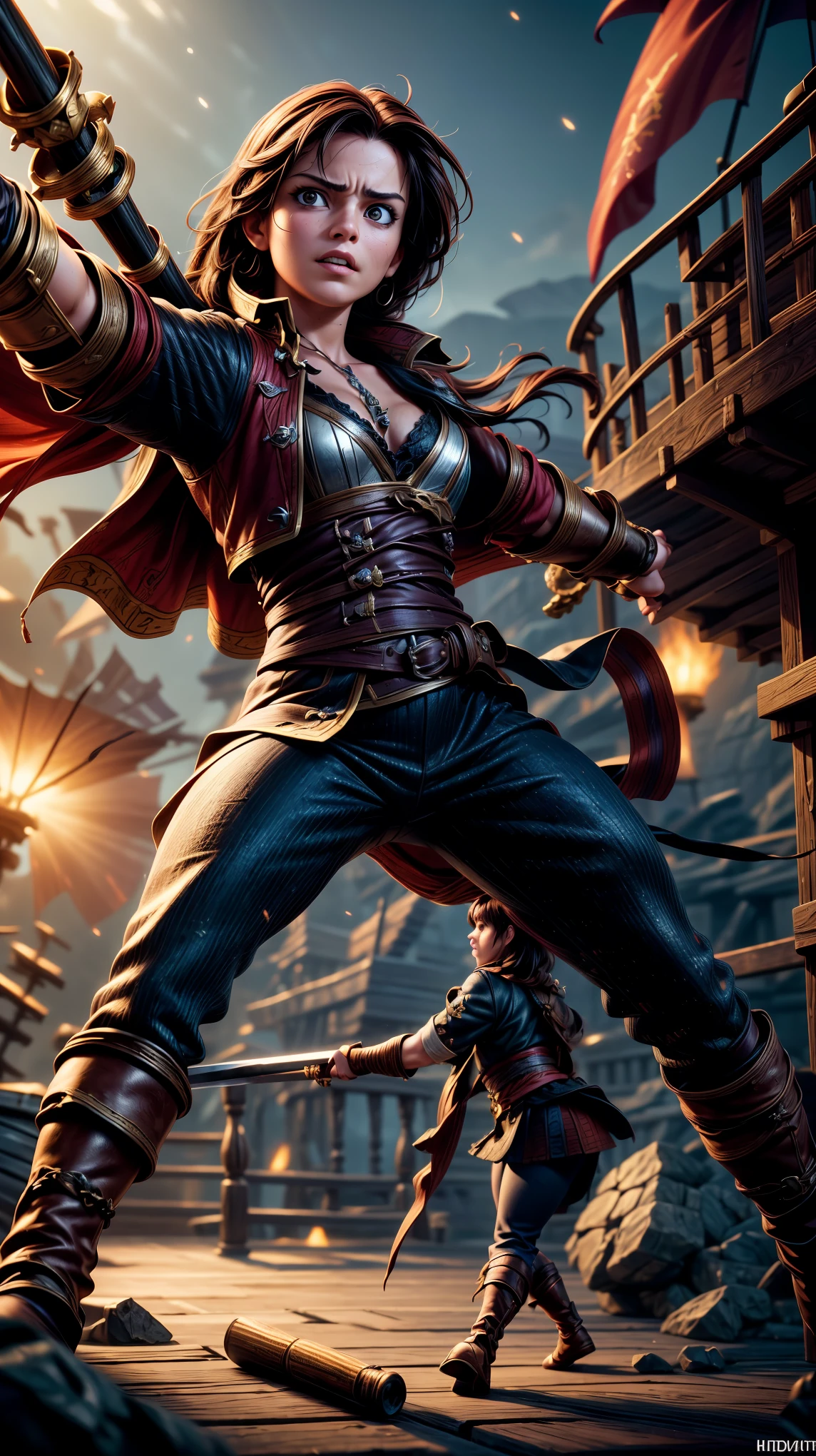 a fierce pirate battle, ships clashing on the high seas, swordsmen dueling, dramatic lighting, cinematic angles, intense action, dynamic poses, detailed textures, gritty atmosphere, vibrant colors, masterful composition, photorealistic quality, epic scale, stunning visual effects, best quality, 8k, highres, masterpiece, ultra-detailed, realistic, photorealistic, photo-realistic, HDR, UHD, studio lighting, ultra-fine painting, sharp focus, physically-based rendering, extreme detail description, professional, vivid colors, bokeh