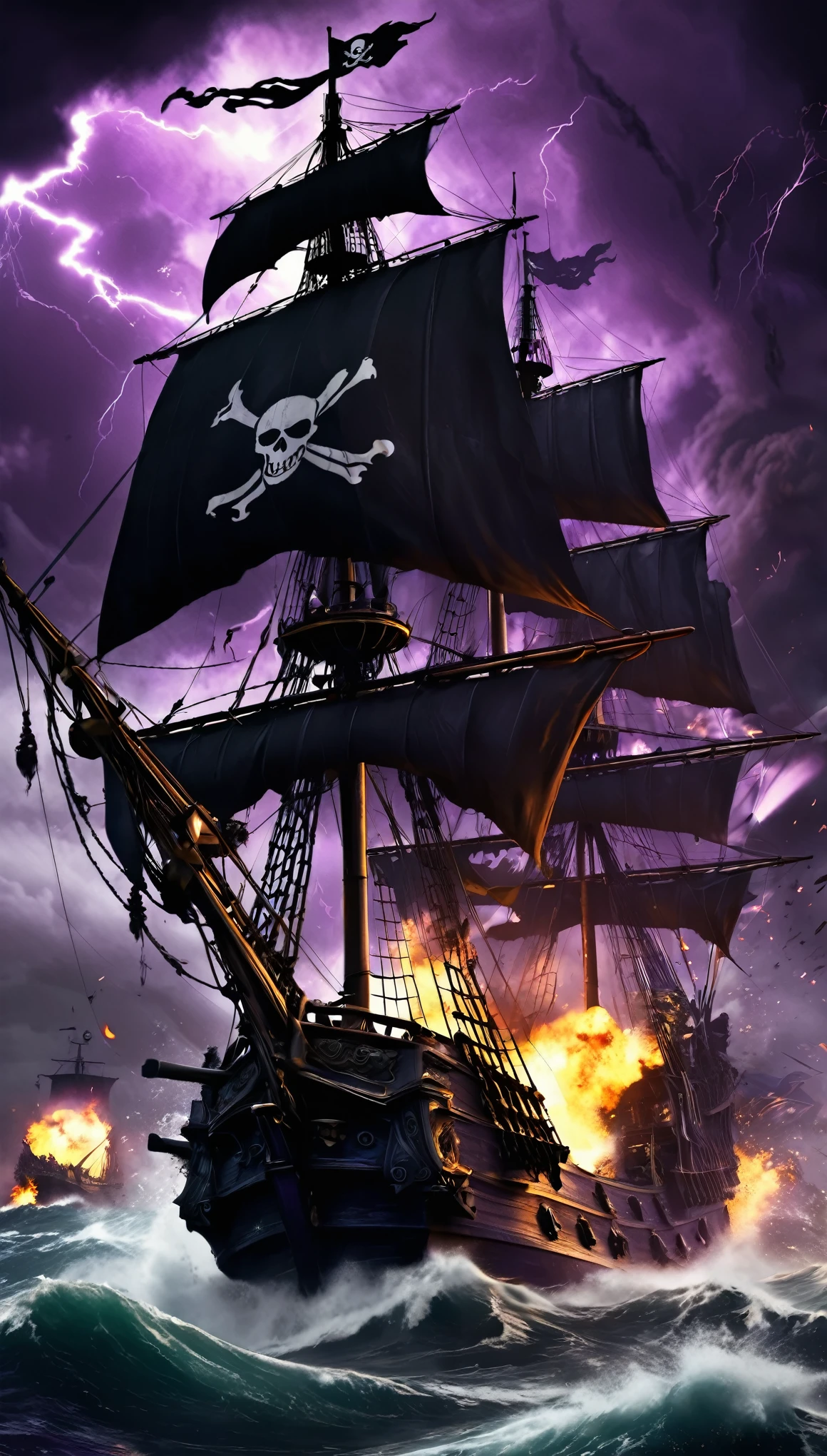 conceptual installation dark fantasy art, two pirate ships collide, destruction, pirate, pirate flag, cannons, shells, fires, raging seas, bad weather, sinister black and purple flashes, war, (ultra detailed, absolutely resolution, best quality:1.3), 2.5D, delicate and dynamic, artistic photography, hyper realistic, graphic CG digital art