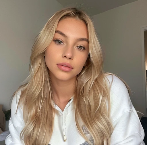 italiana from 17 years old, white blonde ,angelic and tender face , Long straight hair and thick waves Blonde with light roots , no quarto with clothess ,(( photo realist), ((normal breasts )),((rosto angelical)),((foto entera de cuerpo with clothes ),((hair blonde com raiz )), ((clothes) hair blonde ,Light brown eyes , complete body ,realisitic, a very elegant, of heavenly roots, hair blonde, with clothes , white sweatshirt, from 17 years old.