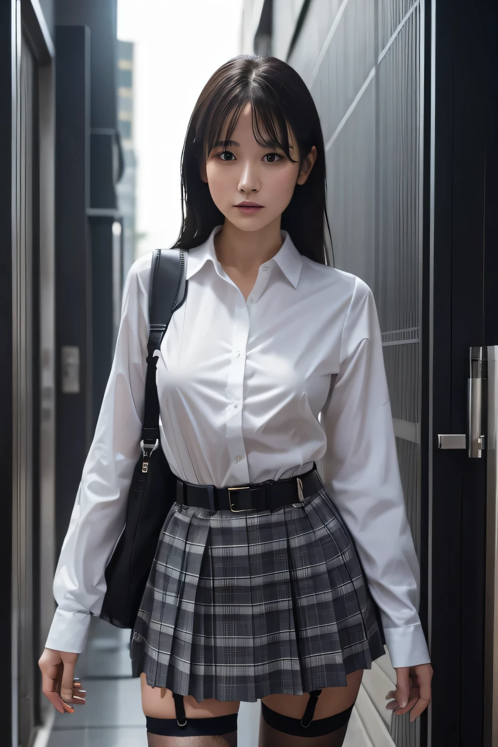 1 female, , high quality, masterpiece, Ultra-high resolution, Cinema Lighting, 1 female, , high quality, masterpiece, Ultra-high resolution, , Cinema Lighting, suspenders　　　Moderate breasts　 　 　　　　　 　　　　Small face　 　　　　　　　　　　　Looking up　　　　Sweat 　　　Thin belt　buzzer　脇Sweat 　　　　 　Garter belt　　Belt on pants　　holster　 　　Hands behind your back　 　Looking up　Anxious face　Knee-high　Knee socks　Knee-highソックス 　garter　ふとももにGarter belt　Checkered mini skirt　 　　Panty shot　Skirt gap Armament　　　Leg holster　holster 　　Hands behind your back　 Anxious expression　　Anxious face, legs apart　Armament　　Leg holster　holster　See-through clothing　heavy rain　Rain-soaked dress shirt, Black mask