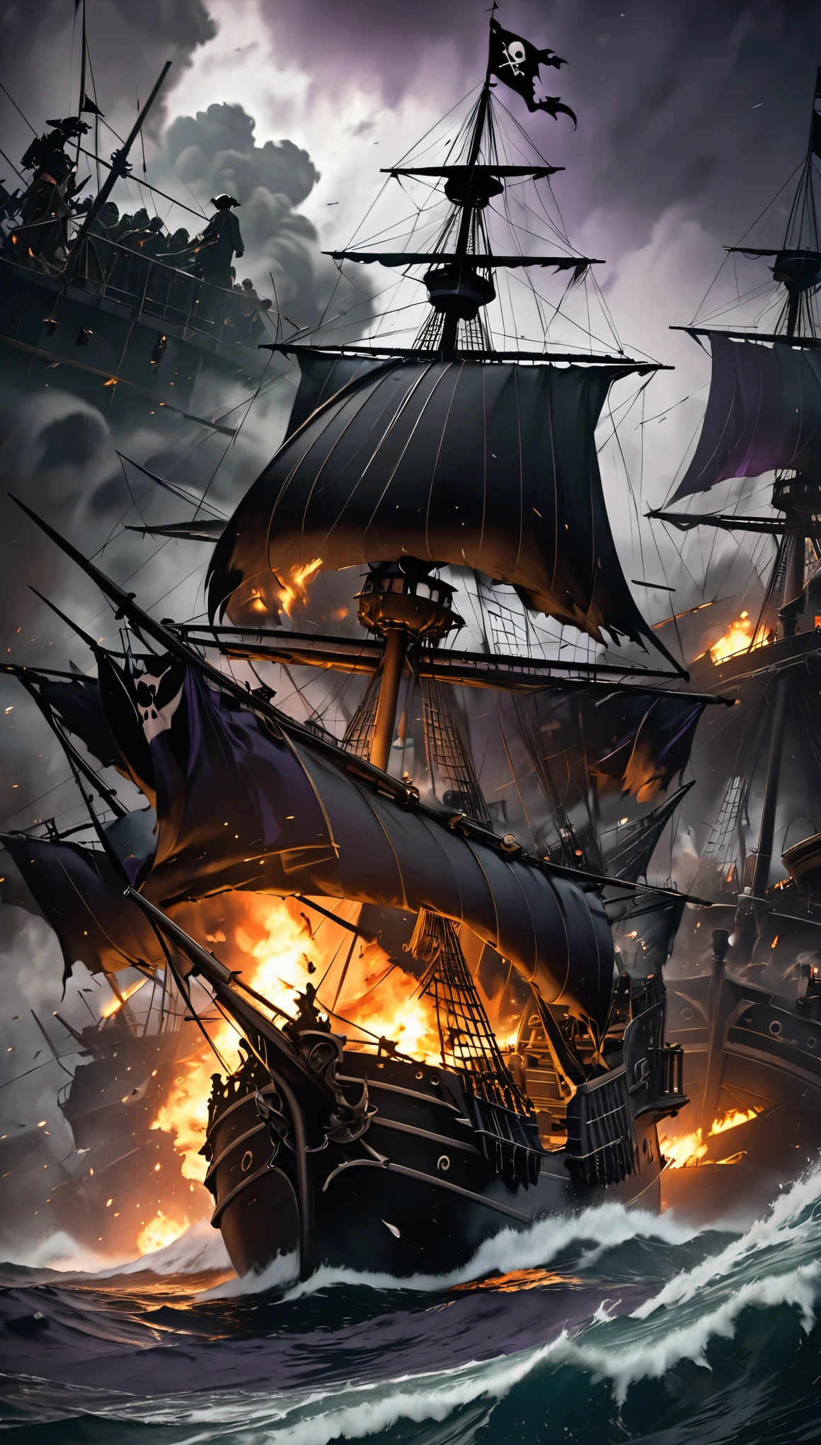 conceptual installation dark fantasy art, two pirate ships collide, destruction, pirate, pirate flag, cannons, shells, fires, raging seas, bad weather, sinister black and purple flashes, war, (ultra detailed, absolutely resolution, best quality:1.3), 2.5D, delicate and dynamic, artistic photography, hyper realistic, graphic CG digital art