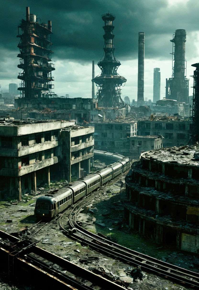 Image of the center of a modern ultra futuristic abandoned city with a rusty and dirty abandoned train among the dirty modern round and circular buildings in ruins and with factories with round and tall chimneys. cyberpunk style, Science fiction, top view from a height of 5 meters, apocalipse nuclear, urban scenery with traffic light poles and fallen wires,  there is a fence around the buildings, There are billboards fallen from buildings. dark and stormy sky, penumbra, as realistic as possible.