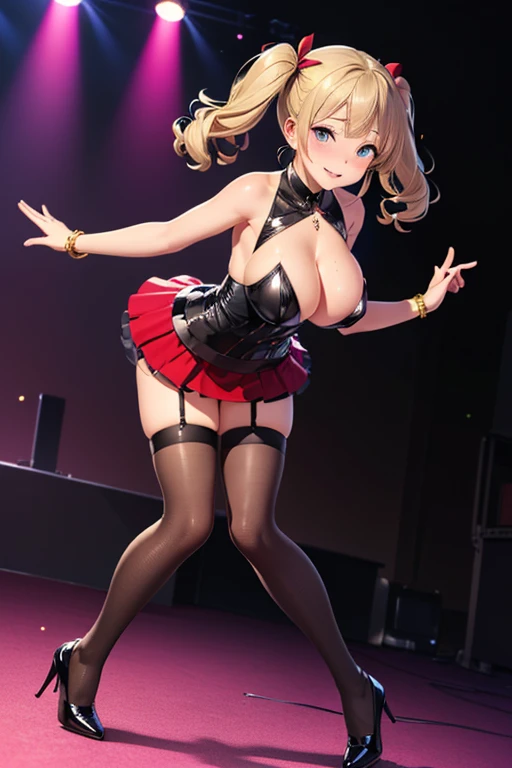 #Basics A girl is posing for a photo, ((One Girl:1.4)) + (((Baby Face:1.4)) + ((cute:1.5)) + (())),
break
#Clothing Accessories
((Idol Micro Dress:1.4) : ((The skirt part is a flared skirt:1.4)) + (Shiny黒レザー) + ((O-ring)) + ((High neck sleeveless)) + ((Tight fit)) + belly button + ((Sheer黒のエルボーグローブ))), (((Black Stockings:1.4) : (Low denier:2.0) + (Sheer:1.8) + (Shiny))), (Shiny黒のハイヒール)),
((Gold ear cuffs)),
break
#Features
((Blonde)), ((Straight bangs)), ((Curly side hair + Chest-length sideburns)), (((Twin tails) : Curly hair + Fuller Hair + Voluminous Hair + Tied up with a red string ribbon)),
((Droopy eyes:1.4, Big eyes:1.2), blue eyes), (Brown skin:1.4), ((Big Breasts)),
break
#background environment
((Live Stage, The light shines + Pink Light)),
#Facial Expression Pose
((Wicked Smile, Estrus, blush)), ((Dancing seductively on stage)),
#composition
((Face the camera, (Character Focus), (Angle from the front), (full body))),
break
#Body parts elements
(Slim figure),
(Detailed Hair, Beautiful Hair, Shiny Hair),
(double eyelid, Long eyelashes),
(Expression of fine eyes, Beautiful and delicate eyes, Sparkling eyes, Eye Reflexes, Glitter Eyeliner),
(Human Ear),
(Beautiful Nose, Thin Nose),
(Shiny唇, Beautiful Lips, Thick lips), (Symmetrical facial features),
(Detailed skin, Textured skin, Beautiful Skin, Oily skin),
break
#Quality Image Quality Common
(((Highest quality)), ((masterpiece)), ((Very detailed))), ((Ultra-high resolution)), ((16K, 1080P)), ((Full HD)),
(Anatomically correct), (Realistic), (3DCG),
(High contrast), (Highly saturated colors), (The whole picture clearly), (Everything before and after is clear),
