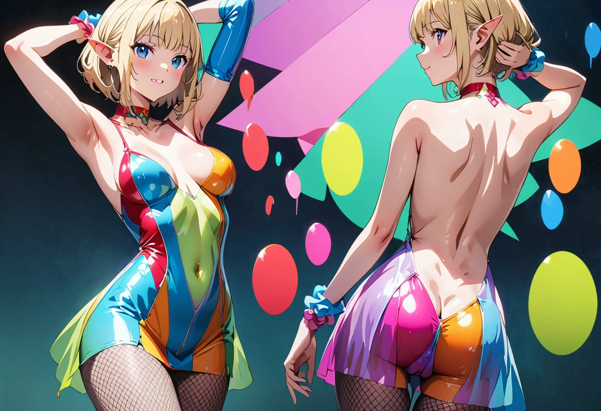 (最high quality:1.2, Anime artwork, Anime Style, Studio Anime, Very detailed, up to date, Vibrant, Anime Coloring, High Contrast, masterpiece:1.2, 最high quality, Best aesthetics), 1 female, alone, Fairy, The body is slim, ((Fairy)), blonde, (Small face), ((Her breasts are big)), ((Green Dress, Transparent body, Transparent dress, Light effects)), (((Captivating body, Lewd Curves))), 飛んでいる小さなFairy, , in the forest, 森に住むFairy, Forest and spring background, ((blonde, Shortcuts)), ((Laughing with your mouth open:1.2)), Big Breasts, (Pointed Ears, Fairy), Normal hip joint, Cowboy Shot, Put your arms behind your head, (Color coding, Sexy Fishnet Stockings, Shiny costumes), Beautiful Skin, Beautiful Skin, Perfect Fingers, Five Fingers, Anatomically correct, Background Blur, high quality, Surreal, Bright colors,