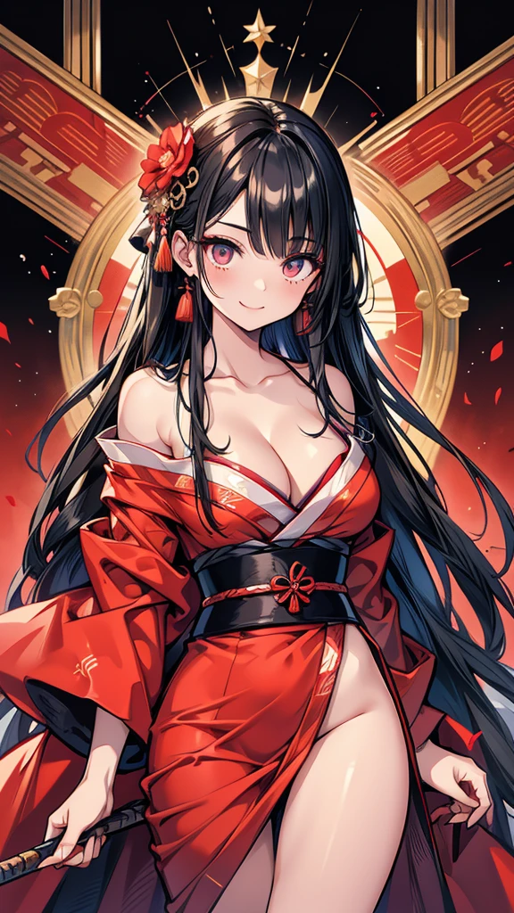 Early 20s　Adult female　Straight Long Hair　Black Hair　tall　Narrow eyes　Sexy smile　Blackheads under the eyes　Deep red long kimono　Cleavage　Takageta　slit　battlefield