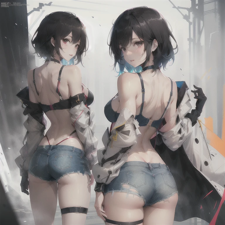 (Superflat, Flat Shading, flat-colors:1.1)、(Magazine Cover)、Illustrations、(Brightいブロンドのヘアー、short-hair、American boyish girl)、crotch open、Smiling、Draw so that the crotch cloth of the white underwear is visible.、Skirt flipping、((Torn and tattered denim skirt、Red underwear))、Choker、When I look through the viewfinder、A bracelet、Thigh strap、Body Painting、Head tilt、8K resolution、intricate clothing、Intricate details、1girll、Solo、Standing、Cowboy Shot、Arms at sides、((from behind、hindquarters、heart cutout、hip incision))、(Tight hot pants)、Volumetric lighting、Soft light、Bright、neons、Vibrant colors、watercolor paiting、 ultra - detailed, 1girll, brown color eyes, cabelos preto e longos,Full body view, (Detailed Lights, Detailed Shadows), 1Woman, black Hair, wlizaneth Taylor, White Coat, ((Detailed Eyes)), Close-up, Portrait, (Black Eyetremely Detailed Clotheodern Clotheeautiful Hair, Muscular, Hair Down, Extremely Detailed Background, Beautiful Background