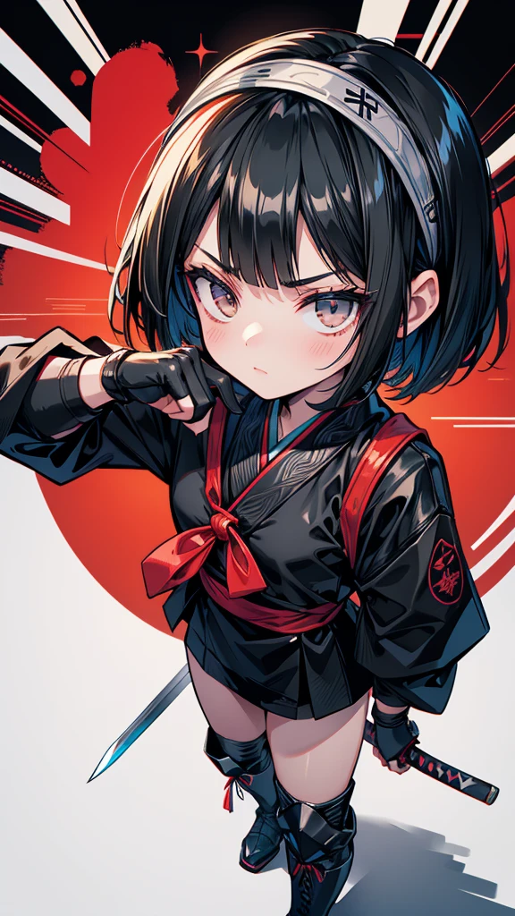 mature　Bobcut　Black Hair　expensive　Narrow eyes　Glaring at me　Glare　frivolous attitude　Black Sailor Suit　Japanese Armor　Wear a headband around your forehead　tiny hand　Hand guard　gloves　Black boots　Holding a Japanese sword　battlefield