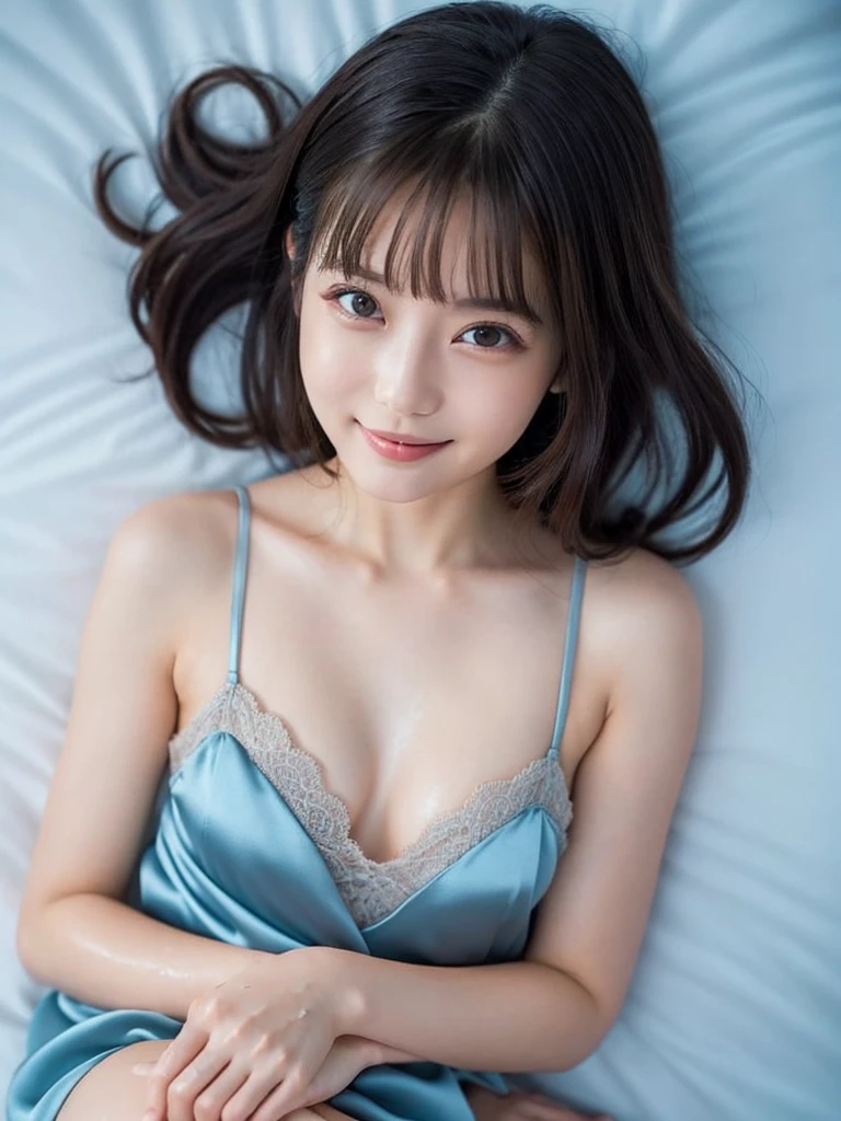beautiful young Japanese woman, 1 woman, full body shot, viewed from above, smiling face, cute face, 18 years old, shoulder-length hair, wearing only a light blue silk satin chemise with lace, large breasts, wet body, glossy lips, alluring figure, lying on a silk bed with legs spread, silk pillows, silk bedsheets, double eyelids, natural makeup, long eyelashes, glossy smooth light brown hair, asymmetrical bangs, fair skin, central image, 8K resolution, highly detailed, intricate hairstyle, detailed face, grand cinematic lighting, octane rendering, vibrant, hyper-realistic, perfect limbs, perfect anatomy