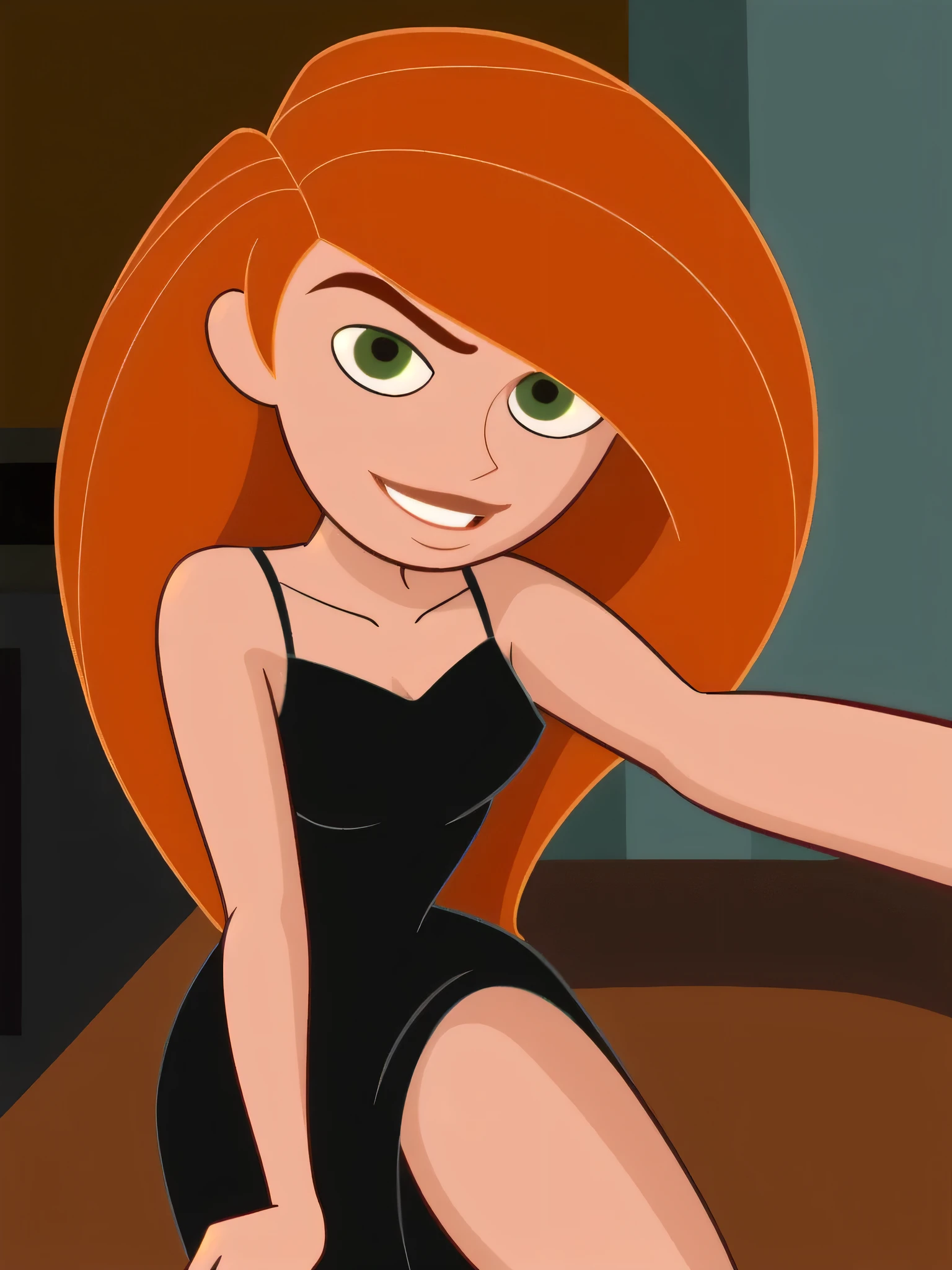 Best_QualityPos, intricate details, best quality, 8k uhd, better lighting, 1girl, solo, green eyes, orange hair, long hair, black dress, collarbone, loose clothes, sleeveless, smile, thighs, indoor, Kim Possible Style, close up portrait, selfie