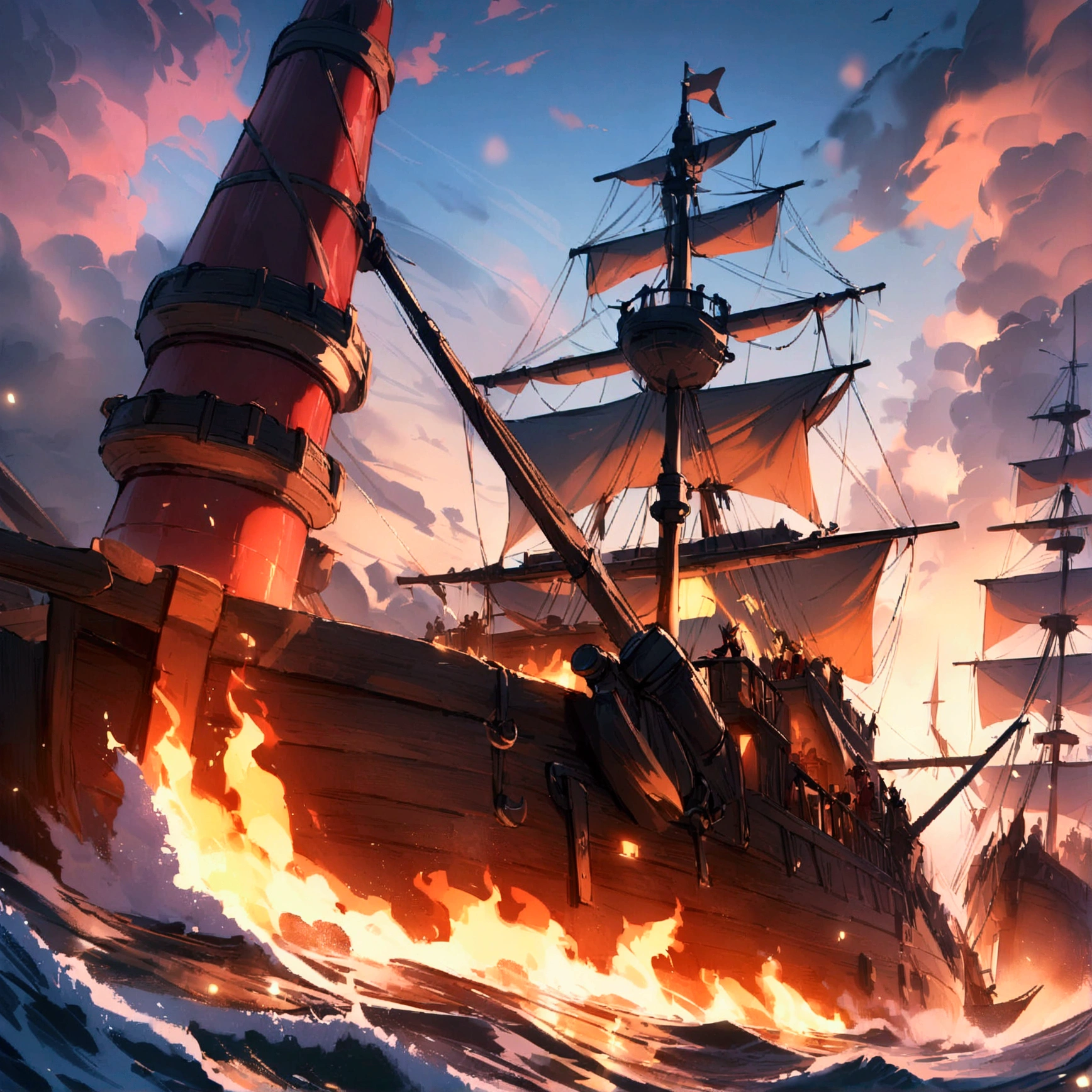 (best quality,4k,8k,highres,masterpiece:1.2), ocean, Pirates ship, siege, fire cannons, ultra-detailed,vivid colors