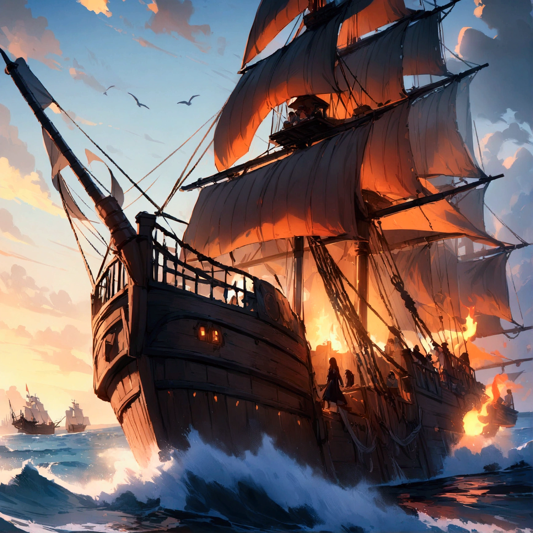 (best quality,4k,8k,highres,masterpiece:1.2), ocean, Pirates ship, siege, fire cannons, ultra-detailed,vivid colors