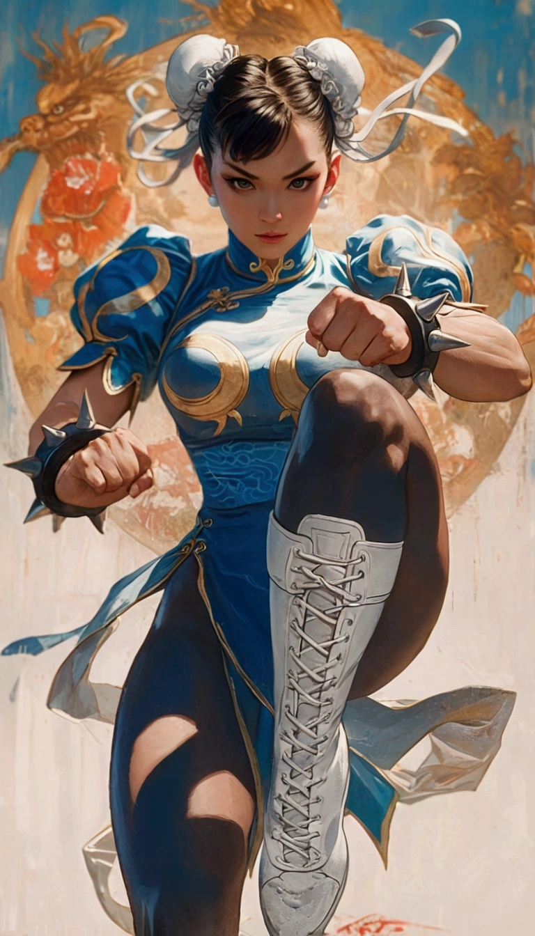 Arafe woman chun-li solo with ponytail haighting Game Fightetness Model、Big breasts about to burst、No exposed skin、thin and long legs,、Fitness Body Shape、Pose ready to fight、battle look, close up
