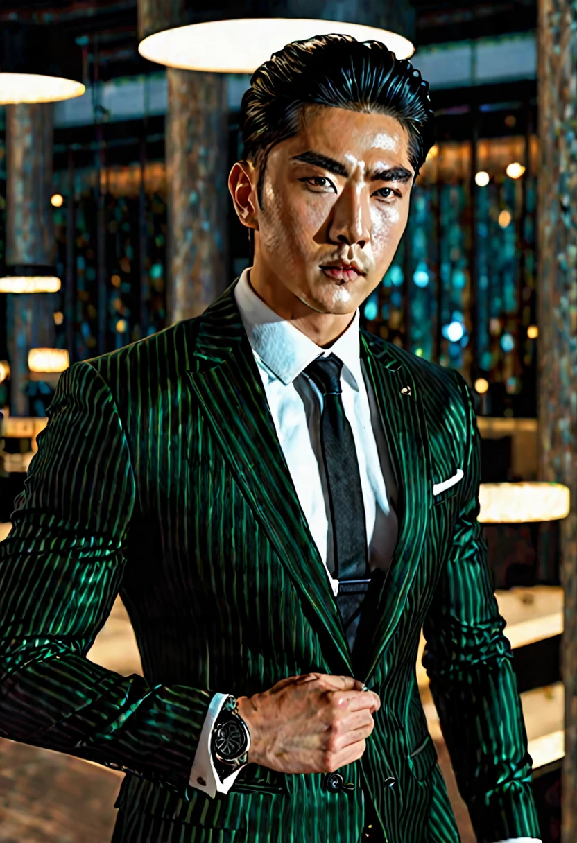 ((masterpiece)), ((best quality:1.2)), high resolution, 8k, (ultra_realistic:1.3), (photorealistic:1.4), (absurdres), sharp focus, highly detailed, (high quality), (masterpiece), handsome mean looking man, Korean, 25 years old, normosthenic, black suit, green eyes, muscular, full body, dark light, front light, rim light. Mafia boss aesthetic. Rich billionaire boyfriend. 