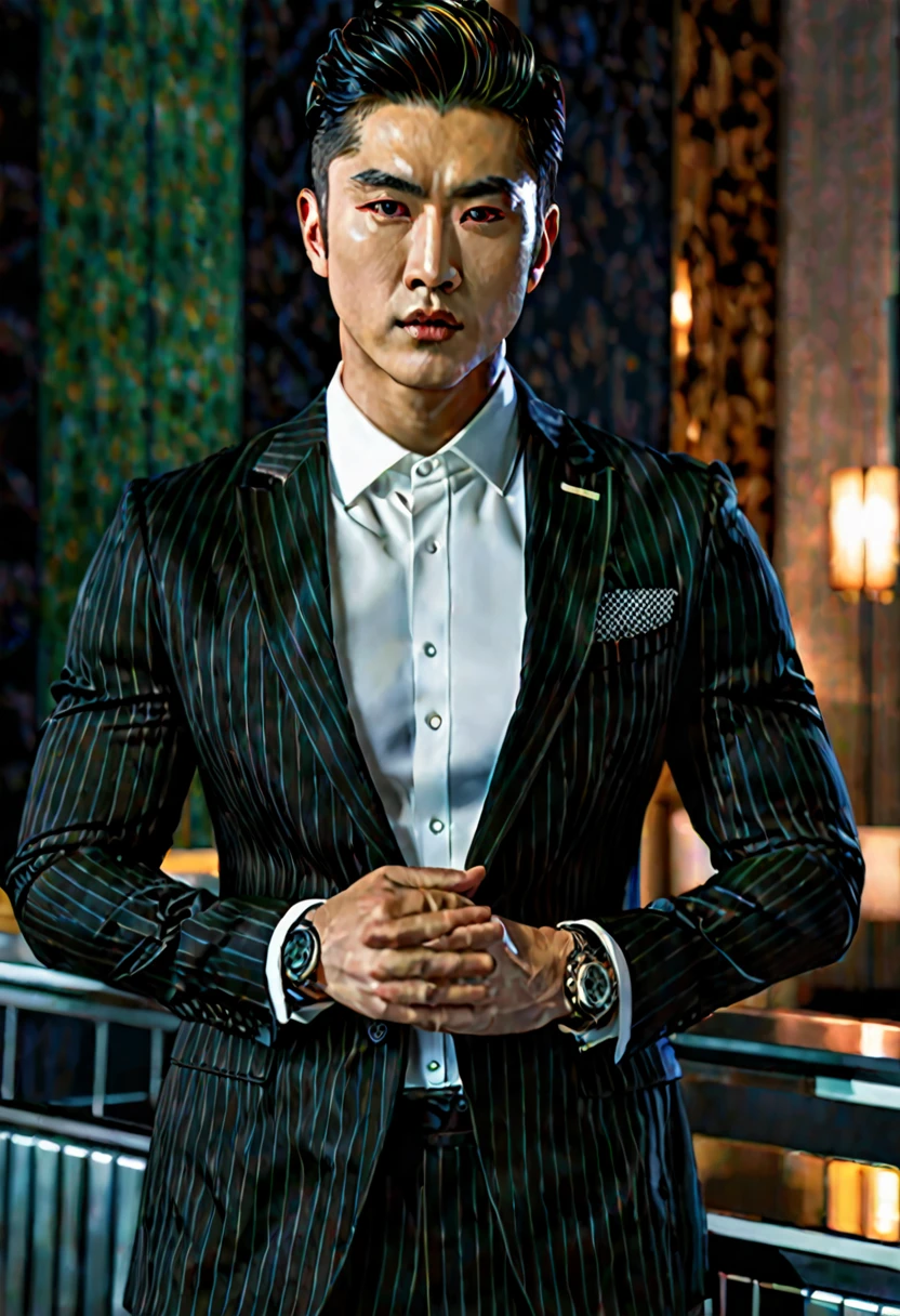 ((masterpiece)), ((best quality:1.2)), high resolution, 8k, (ultra_realistic:1.3), (photorealistic:1.4), (absurdres), sharp focus, highly detailed, (high quality), (masterpiece), handsome mean looking man, Korean, 25 years old, normosthenic, black suit, green eyes, muscular, full body, dark light, front light, rim light. Mafia boss aesthetic. Rich billionaire boyfriend.