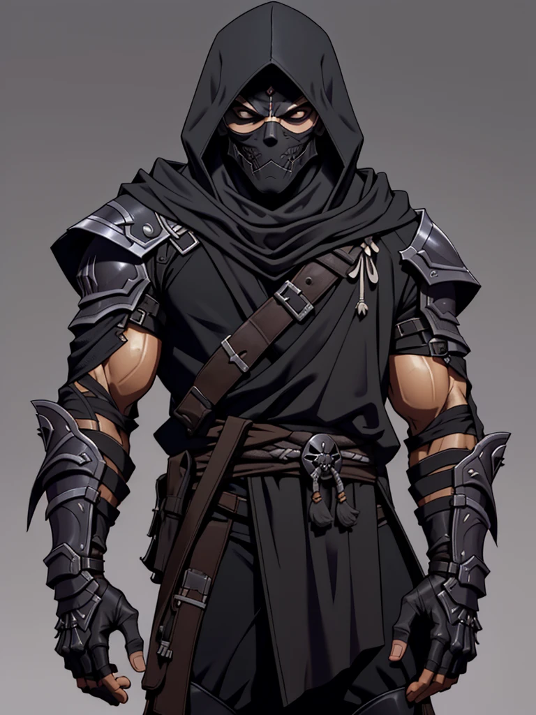 
in the style of sk3ll3t0n,1boy,assassin,ninja,thief, mystical person,hood,rogue outfit,((simple background)),gray background,