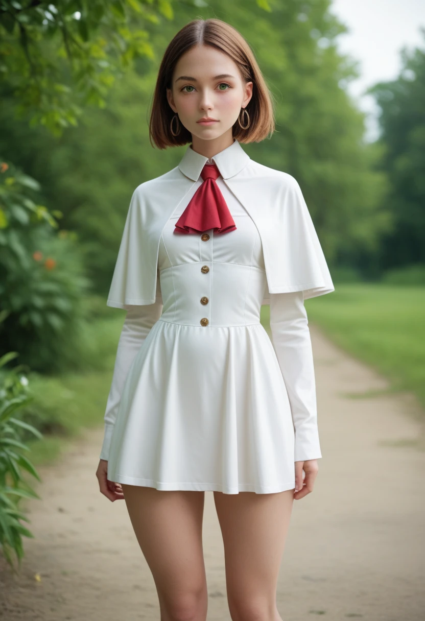 masterpiece, Best Quality, High resolution, aaflare, by the wide, hair elastics, hits, green eyes, red ascot, white capelet, neckline, White dress, long sleeves, white thighs, cowboy shot, standing, outdoor,