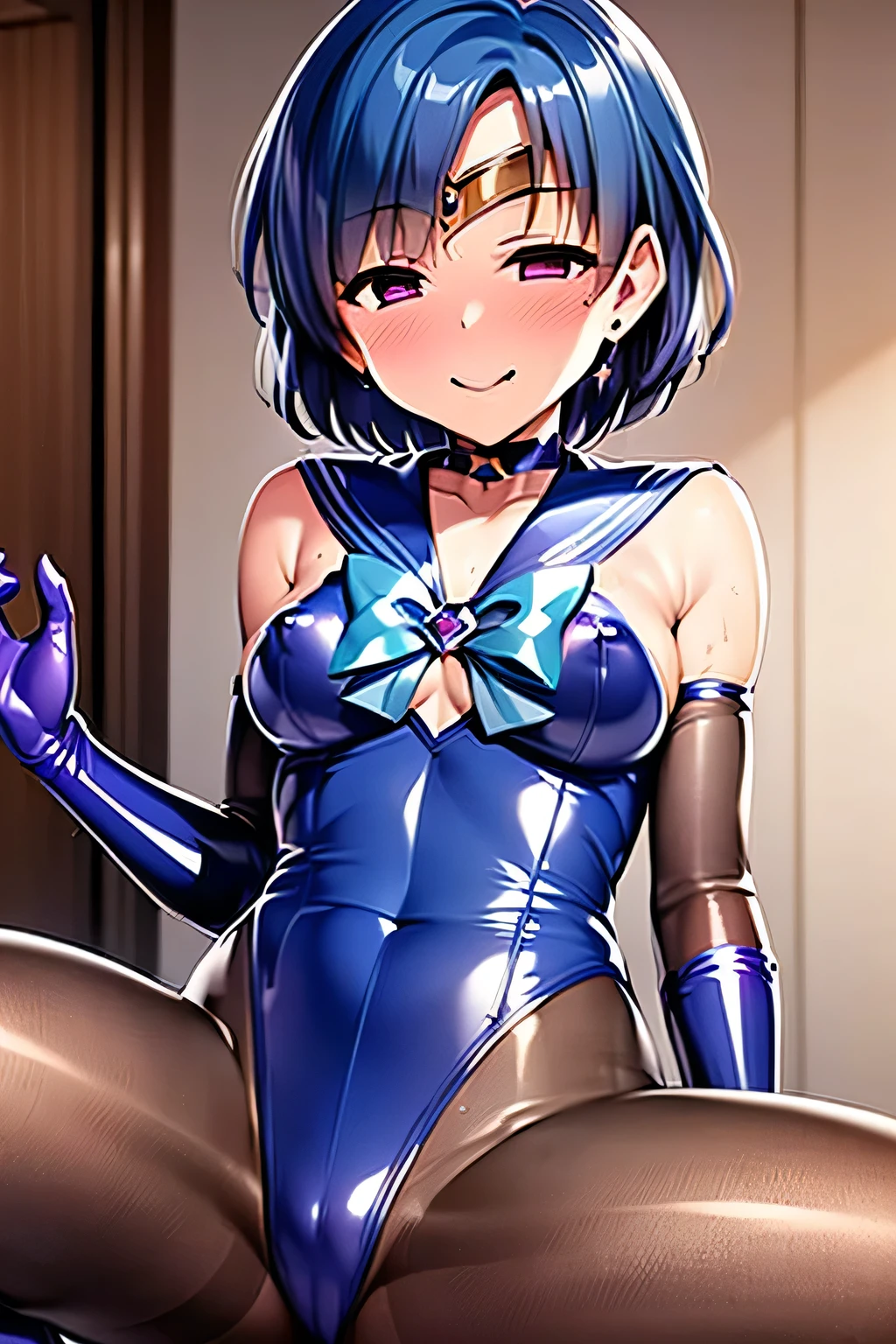 Highest quality, (masterpiece:1.2), Very detailed, 
One Girl, alone,
View your audience, Naughty smile, Transparent nipples、
blush, Blue Hair, Red Eyes、short hair、Perm Hair((pantyhose))、Bedroom、((Sailor Mercury))、((Long gloves))、(Purple evil leotard:1.5)、boots、(Spread your legs)、(Lift your chest)