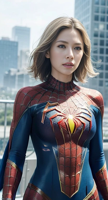 (1girl: 1.3), solo, beautiful face, (((extremely detailed face))),(((extremely detailed face and eyes)),beautiful detailed eyes, body-parts__, official art, 8k unified wallpaper, super detailed, beautiful and aesthetic, beautiful, masterpiece, best quality, raw, masterpiece, super thin photo, best quality, super high resolution, photorealistic realism, sunlight, full body portrait, amazing beauty, short blonde haircut, dynamic pose, delicate face, vibrant blue eyes, (from the front), she is wearing a nylon costume (inspired by Spiderman costume), cosplay ('/Snow/'), red, transparent white and black color scheme, top of a skyscraper building, very detailed, detailed face, detailed complex busy background, messy, beautiful, milky white, highly detailed skin, realistic skin details, visible pores, sharp focus, volumetric mist, 8k uhd, DSLR, high quality, film grain, fair skin, photorealism, Lomography, Huge Metropolis in Future Dystopia, View from Below, Translucent
