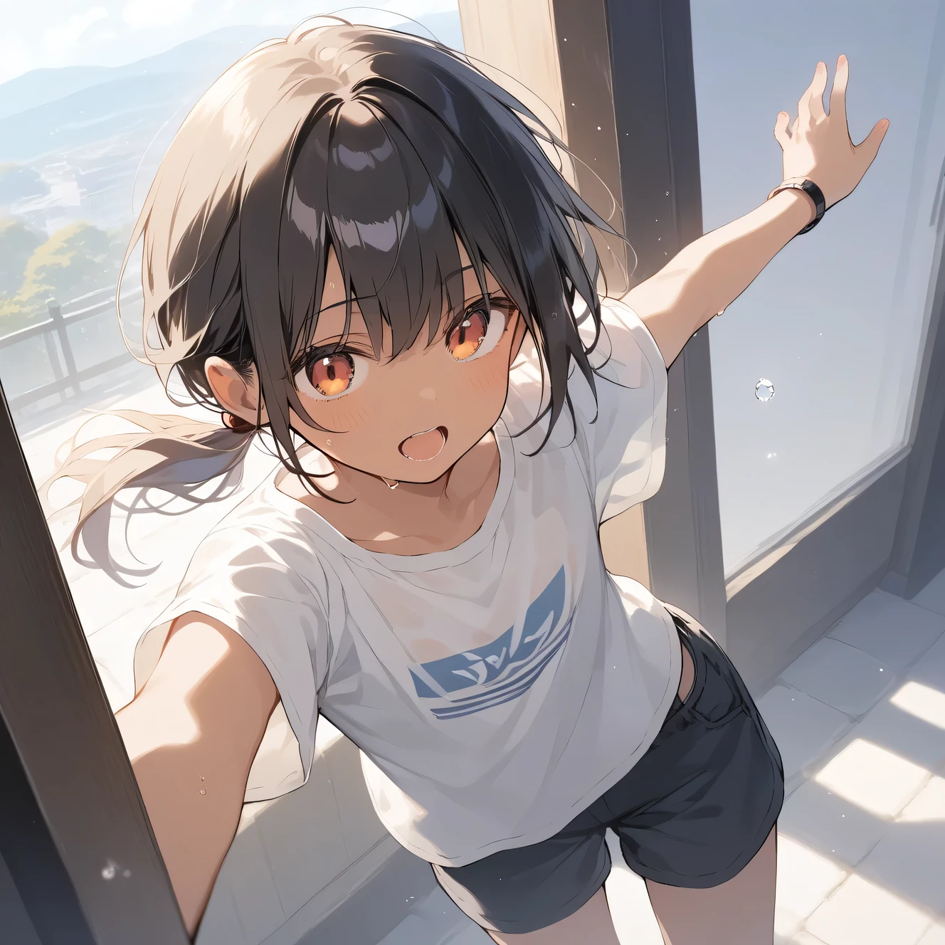 score_9, score_8_up, score_7_up, source_anime, best quality, masterpiece, official art, absurdres, highres, ultra-detailed,waifu2x,Collection: Slice of Life,break,1girl, tomboy, dark-skinned female, short hair, low ponytail, flat chest, beautiful detailed eyes, shorts, sweat, open mouth, (yawn:0.3), sleepily, outdoors, wind,break,(clear line illustration:1.2), super detailed skin,very high resolution, very aesthetic, Best sexual lighting powered by famous artist, 8k,cute picture,beauty illustration,photoshop_(medium),,(Detailed Lighting),best anime 8k konachan wallpaper, pixiv contest winner, 