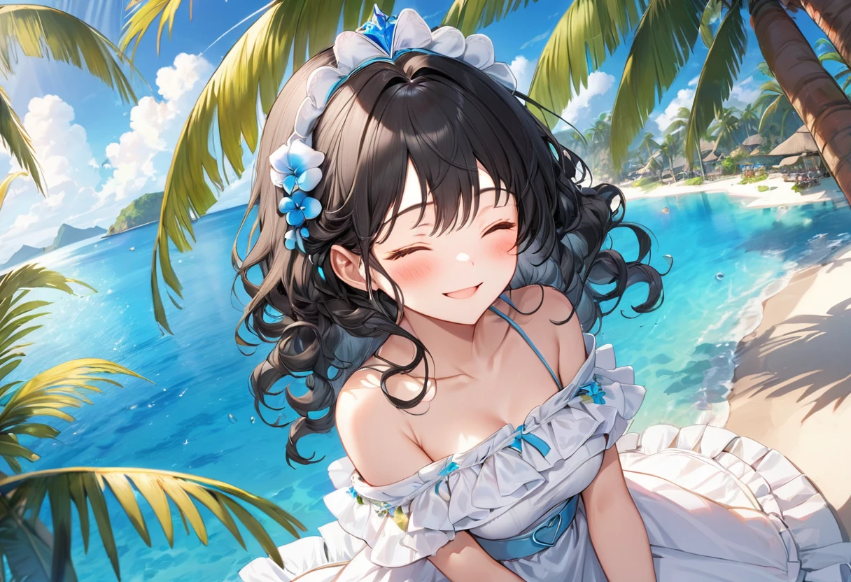 panoramic, top view, (Tropical resort style) (solo:2, 15 yo), (beautiful detailed curly:1.3) (best beauty black hair long hair) (cute princess girl, sexy closed eyes, love smile face, blushing, medium tits), in a beautiful white Frilled off-shoulder dress, break, in the South Sea Island, background Palm Tree Shade, BREAK, perfect anatomy, masterpiece, best quality, 16k, beautiful detailed grow, daydreaming expression.