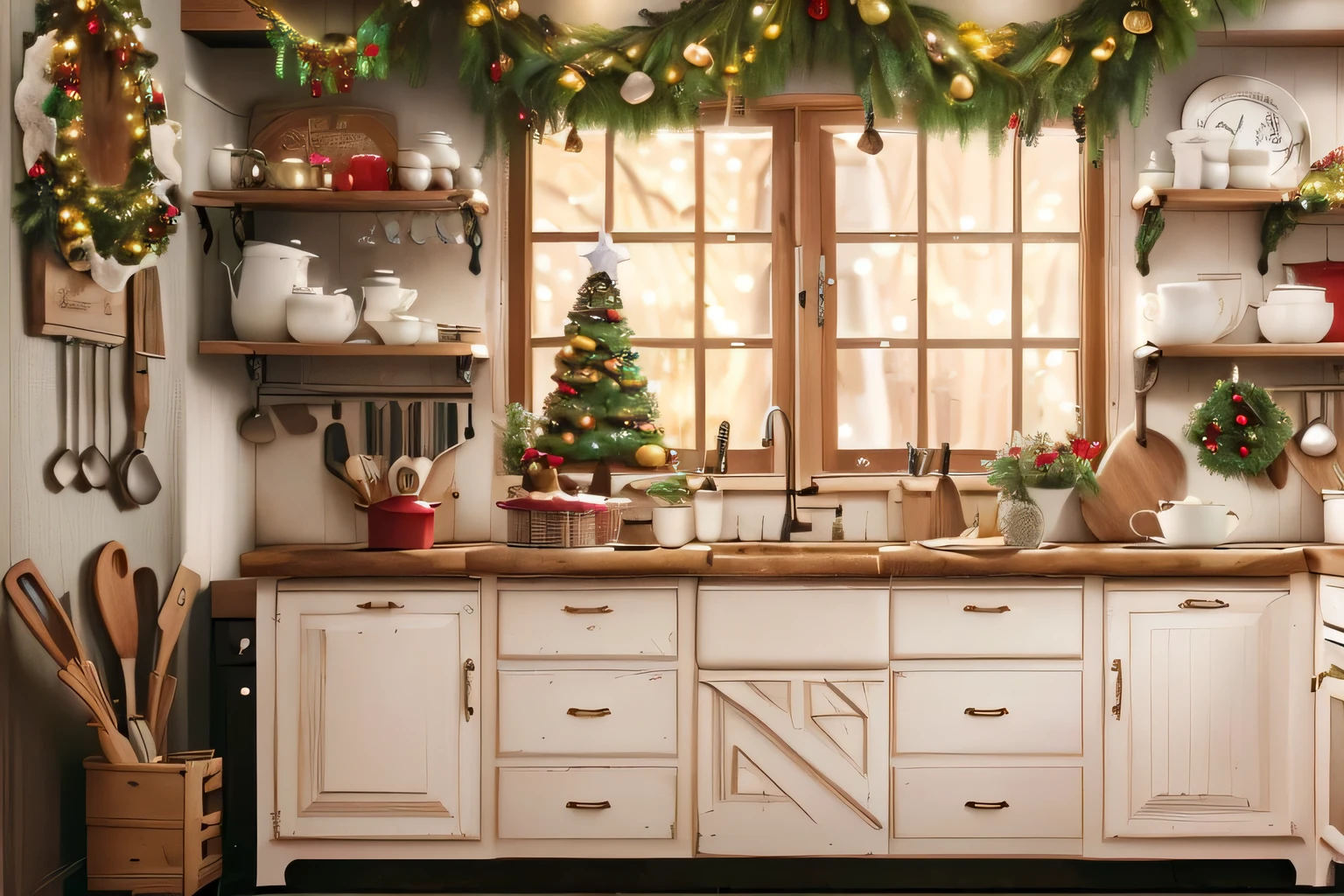 There is a kitchen，With windows，There is a lot of food on the counter, Christmas atmosphere，旧Kitchen background, 旧Kitchen background angled view, Kitchen background, Lovely kitchen, Warm home background, Vintage - W 1 0 2 4, Dream bakery interior scene, Country Style!!, Cozy cafe background, hd —h 1024, Gorgeously decorated, kitchen counter，Christmas decoration