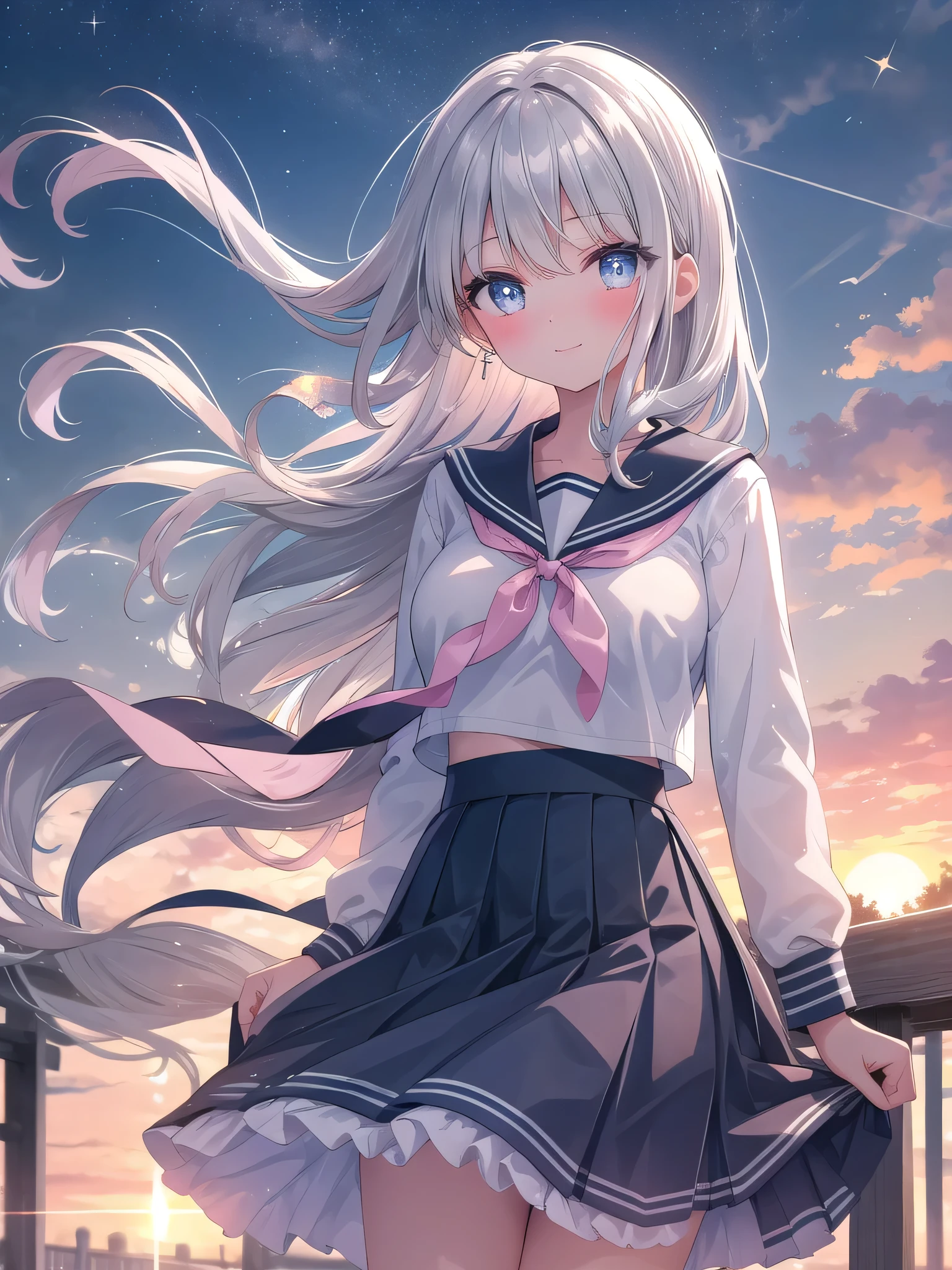 (8K, Highest Quality, Masterpiece:1.3)), Ultra High Resolution, (One Girl, One Person), (Color Changing Eyes, Super Detailed, Expressive Sparkle, Sparkling, Glowing Eyes), Highly Detailed Eyes, Highly Detailed Face, Random Hair, (Silver Gray Color), "A woman lying on her back wearing a sailor uniform with an open neckline." The background is the rooftop of a school, with the sky spreading out, fences and benches. It is after school, and the light of the setting sun softly illuminates the woman's figure. The woman is lying on her back, with her silver hair spread out. She is wearing a white and navy sailor uniform with a wide open neckline. The V-shaped cut of the sailor uniform emphasizes her chest, and a cute light pink bra can be seen underneath. The bra has a frill and ribbon design. The skirt of the sailor uniform is slightly lifted, and the skirt above her knees is fluttering in the wind. Her expression is a relaxed smile with a slight blush. The warm light of the setting sun softly illuminates her skin, adding an ethereal glow to her overall look.