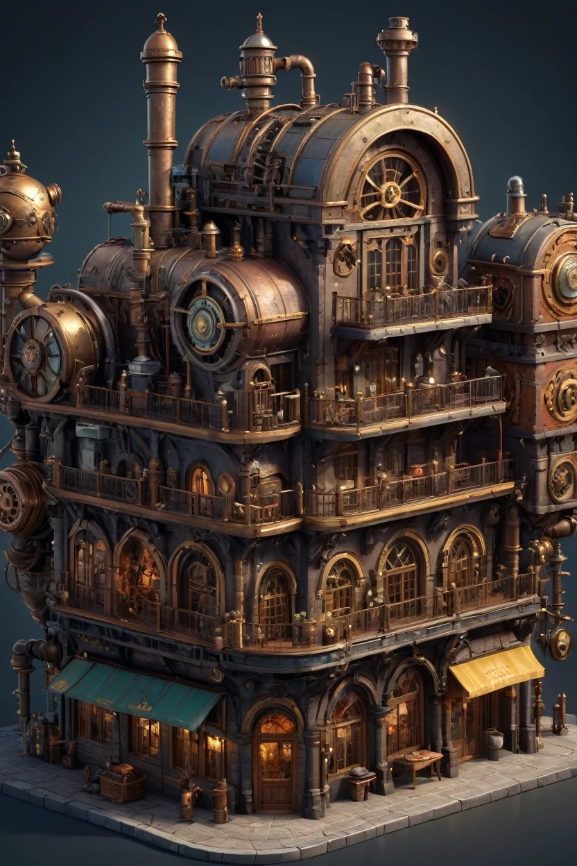 best quality,highres,masterpiece:1.2,ultra-detailed,realistic:1.37,professional,steampunk game asset,stunning 3d rendering,highly detailed building,(isometric view),vibrant colors,meticulously designed architecture,intricate gears and pipes,impressive sense of scale,attention to fine details,brass metal accents,exquisite textures,elaborate decorations,impressive craftsmanship,(flat background color:1.5),moody lighting,captivating atmosphere
