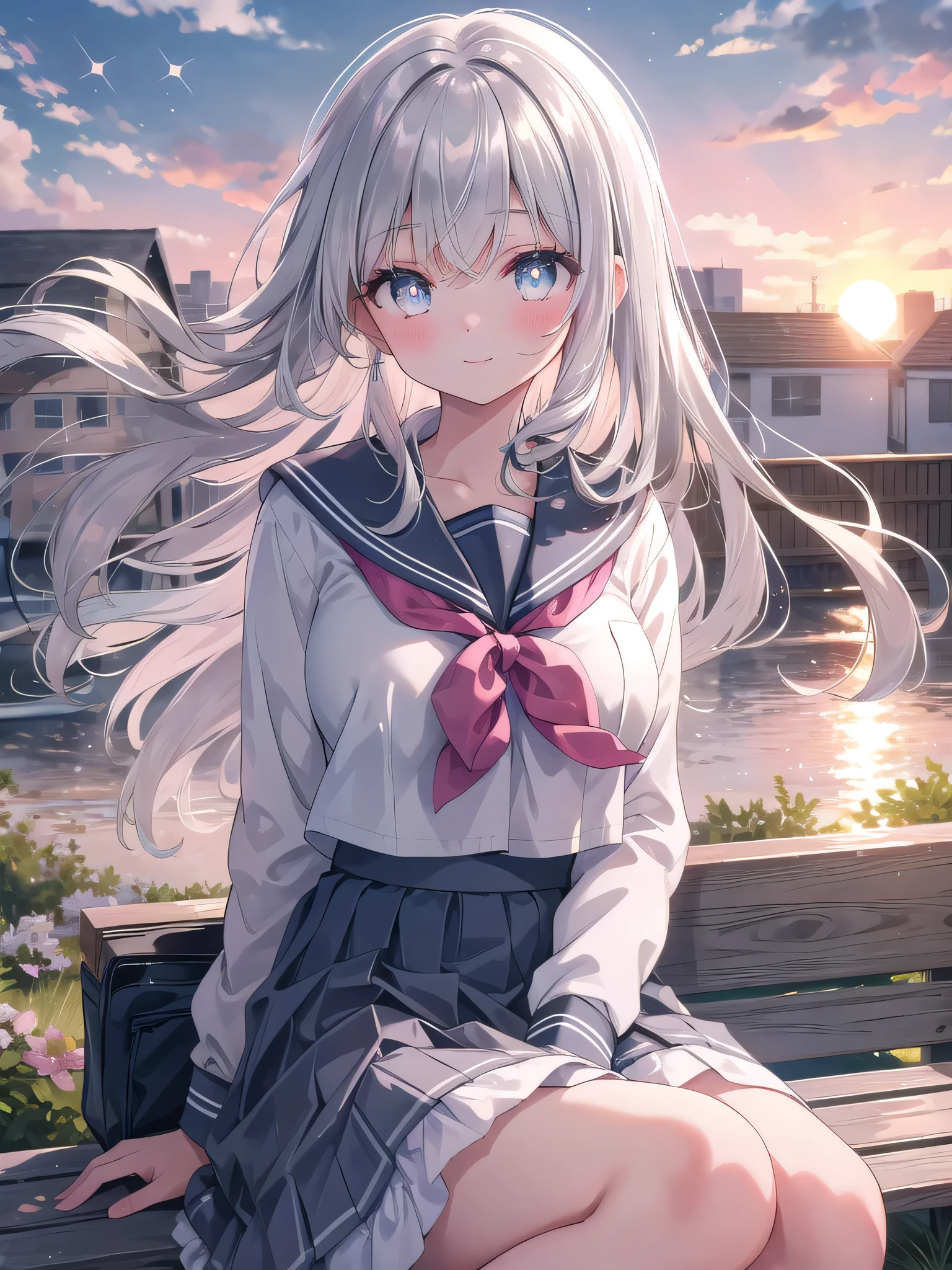 (8K, Highest Quality, Masterpiece:1.3)), Ultra High Resolution, (One Girl, One Person), (Color Changing Eyes, Super Detailed, Expressive Sparkle, Sparkling, Glowing Eyes), Highly Detailed Eyes, Highly Detailed Face, Random Hair, (Silver Gray Color), "A woman lying on her back wearing a sailor uniform with an open neckline." The background is the rooftop of a school, with the sky spreading out, fences and benches. It is after school, and the light of the setting sun softly illuminates the woman's figure. The woman is lying on her back, with her silver hair spread out. She is wearing a white and navy sailor uniform with a wide open neckline. The V-shaped cut of the sailor uniform emphasizes her chest, and a cute light pink bra can be seen underneath. The bra has a frill and ribbon design. The skirt of the sailor uniform is slightly lifted, and the skirt above her knees is fluttering in the wind. Her expression is a relaxed smile with a slight blush. The warm light of the setting sun softly illuminates her skin, adding an ethereal glow to her overall look.